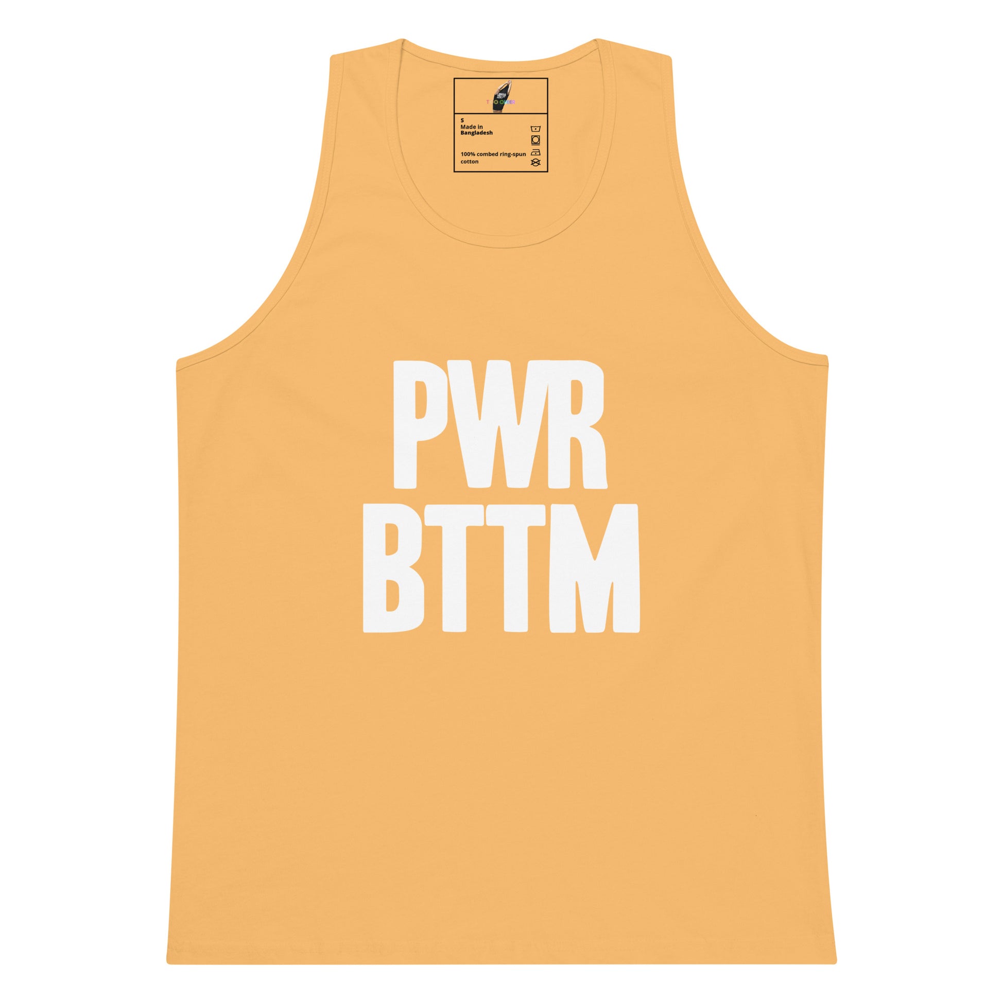 A light orange-yellow tank top with the words 'PWR BTTM' printed in bold white capital letters on the front, displayed against a solid white background.