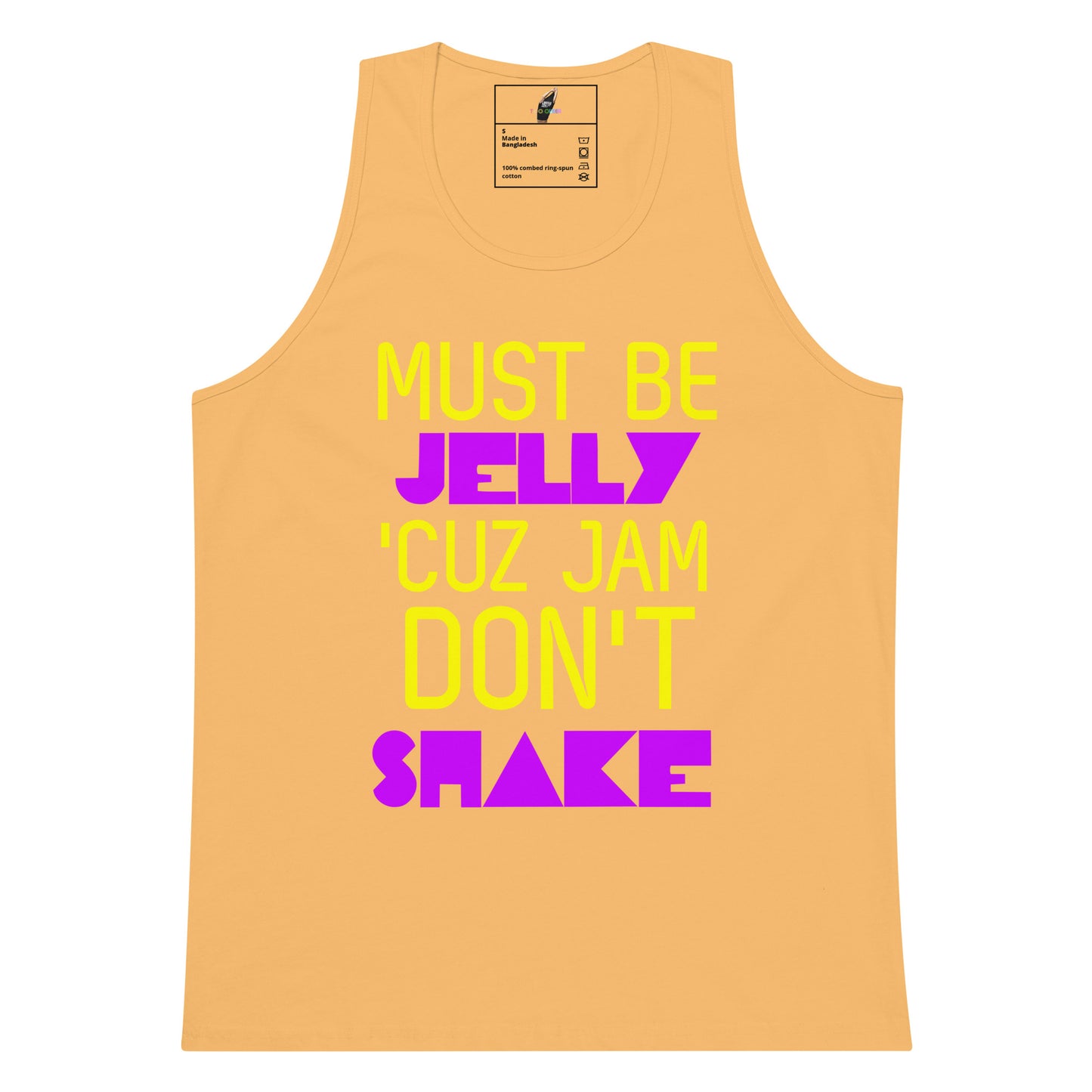 A peach-colored tank top with a bold graphic text print reading 'MUST BE JELLY 'CUZ JAM DON'T SHAKE' in yellow and purple, displayed on a solid white background.