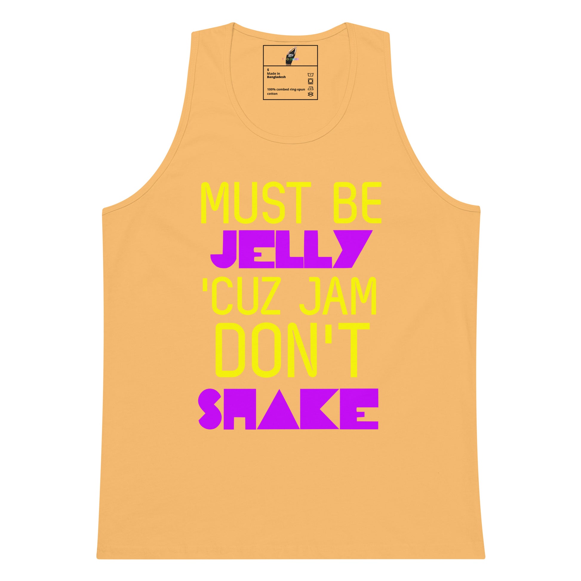 A peach-colored tank top with a bold graphic text print reading 'MUST BE JELLY 'CUZ JAM DON'T SHAKE' in yellow and purple, displayed on a solid white background.