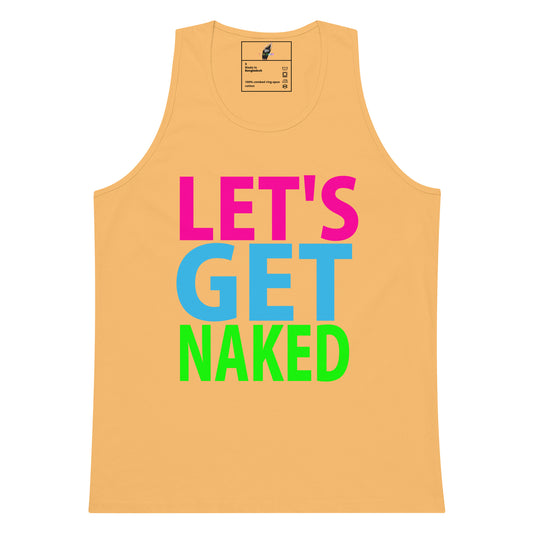 A peach-colored tank top featuring the text 'LET'S GET NAKED' printed on the front in bold, colorful letters (pink, light blue, and bright green).