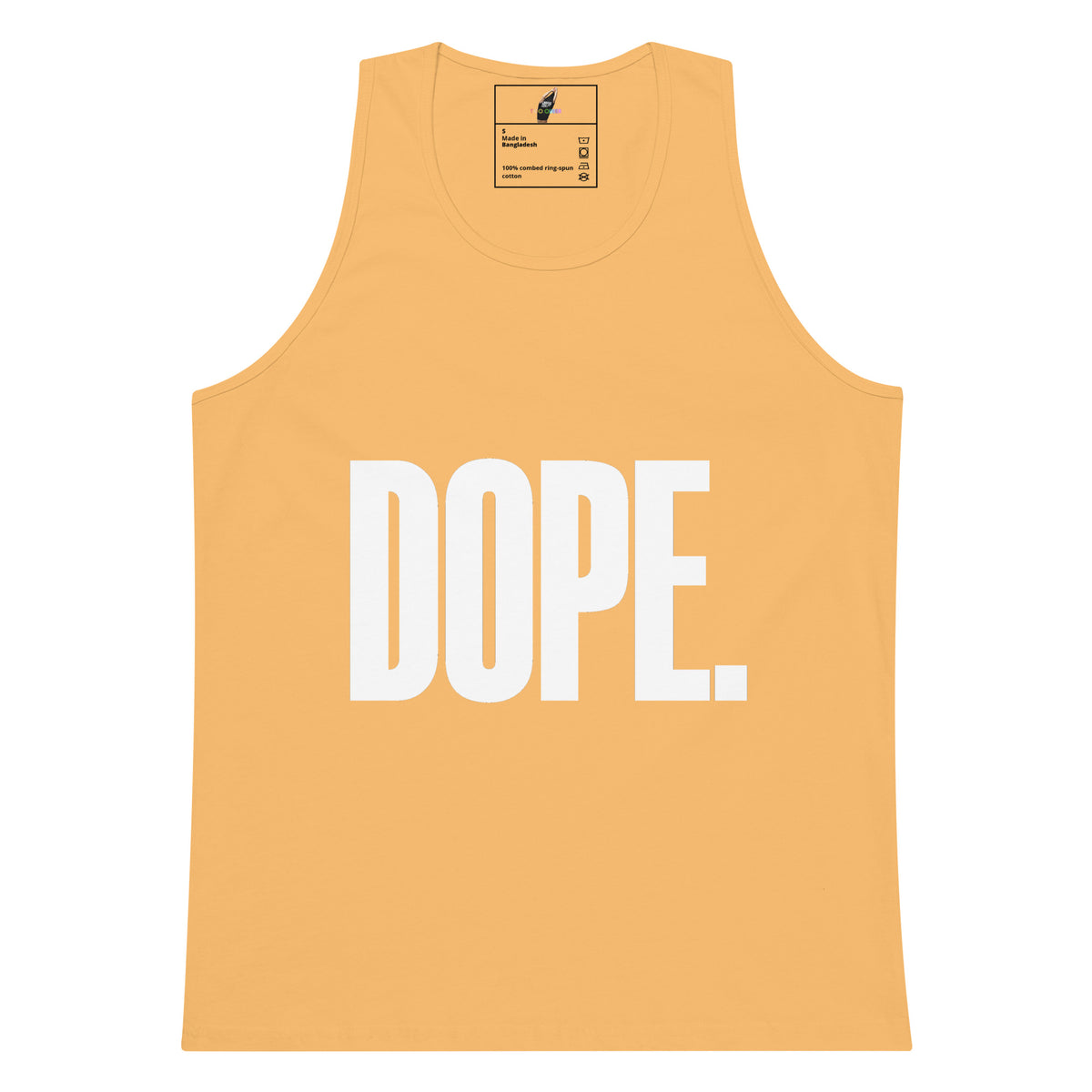 A light peach-colored tank top with the word 'DOPE.' printed in large white block letters across the chest, shown flat against a white background.