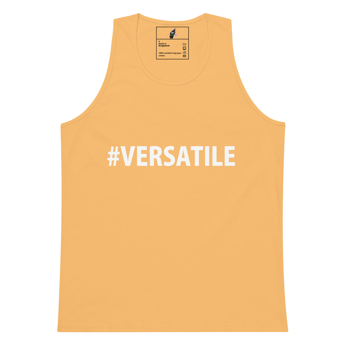 A light peach-colored tank top with the text '#VERSATILE' printed in white across the chest, displayed flat against a solid white background.