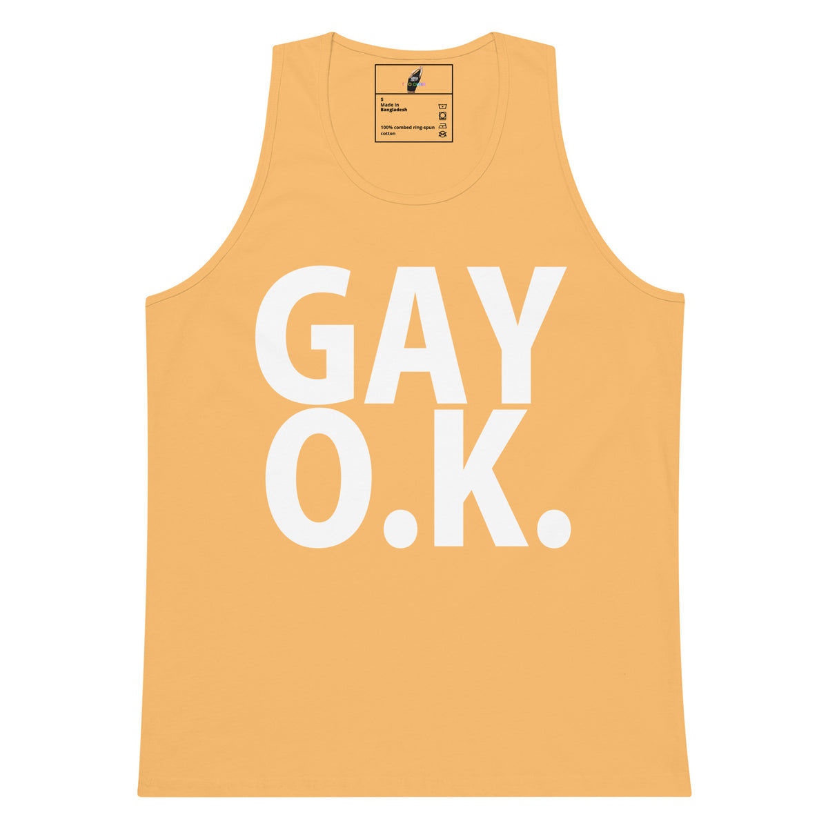 A yellow-orange tank top with the words 'GAY O.K.