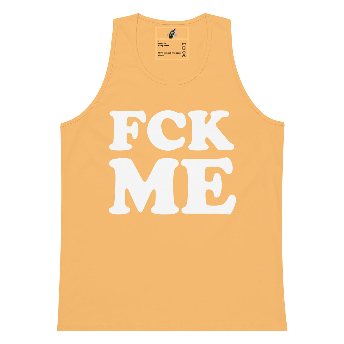 A light peach-colored tank top with the words 'FCK ME' printed in large, bold white letters across the front, displayed on a solid white background.