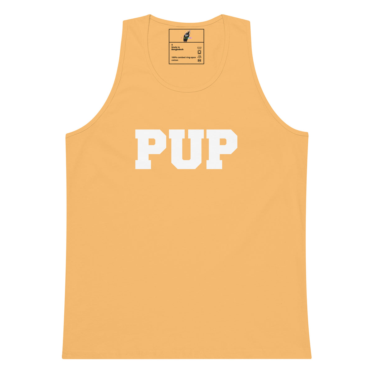 A light peach-colored tank top with the word 'PUP' printed in bold white varsity block letters across the chest, displayed flat against a solid white background.
