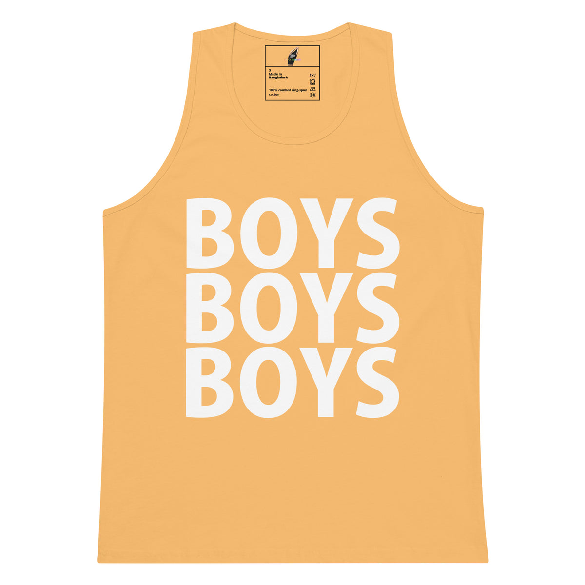 A yellow-orange tank top featuring the word 'BOYS' printed in large white block letters, repeated vertically three times on the front.