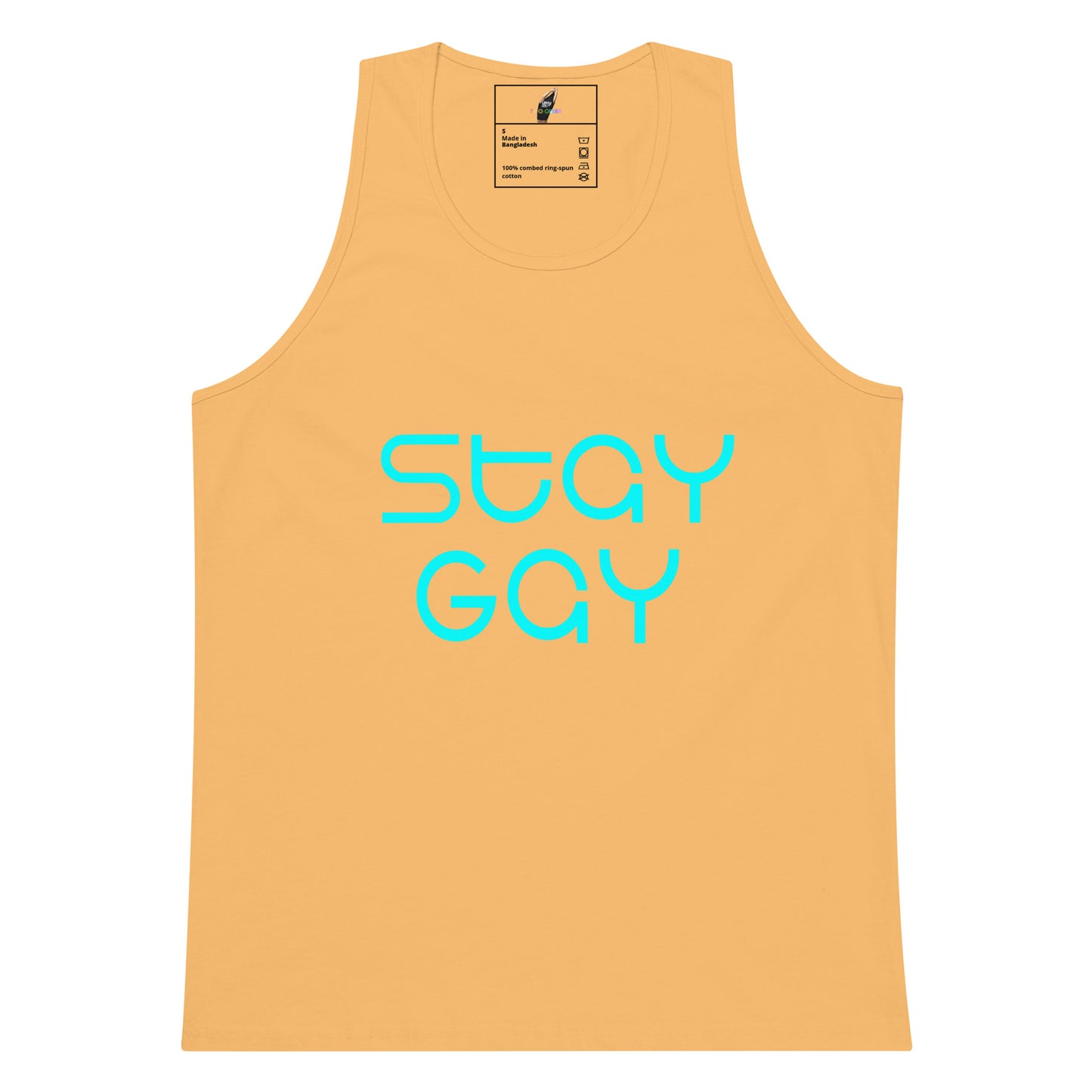 A light peach-colored tank top with the words 'stay GAY' printed in a bright cyan font across the chest, displayed on a solid white background.