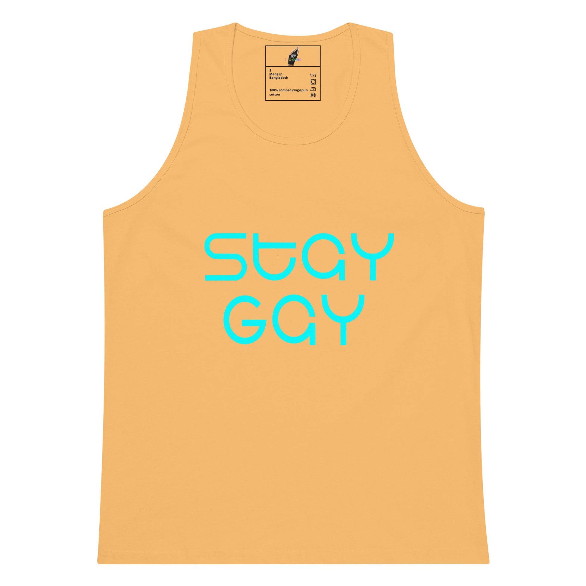 A light peach-colored tank top with the words 'stay GAY' printed in a bright cyan font across the chest, displayed on a solid white background.