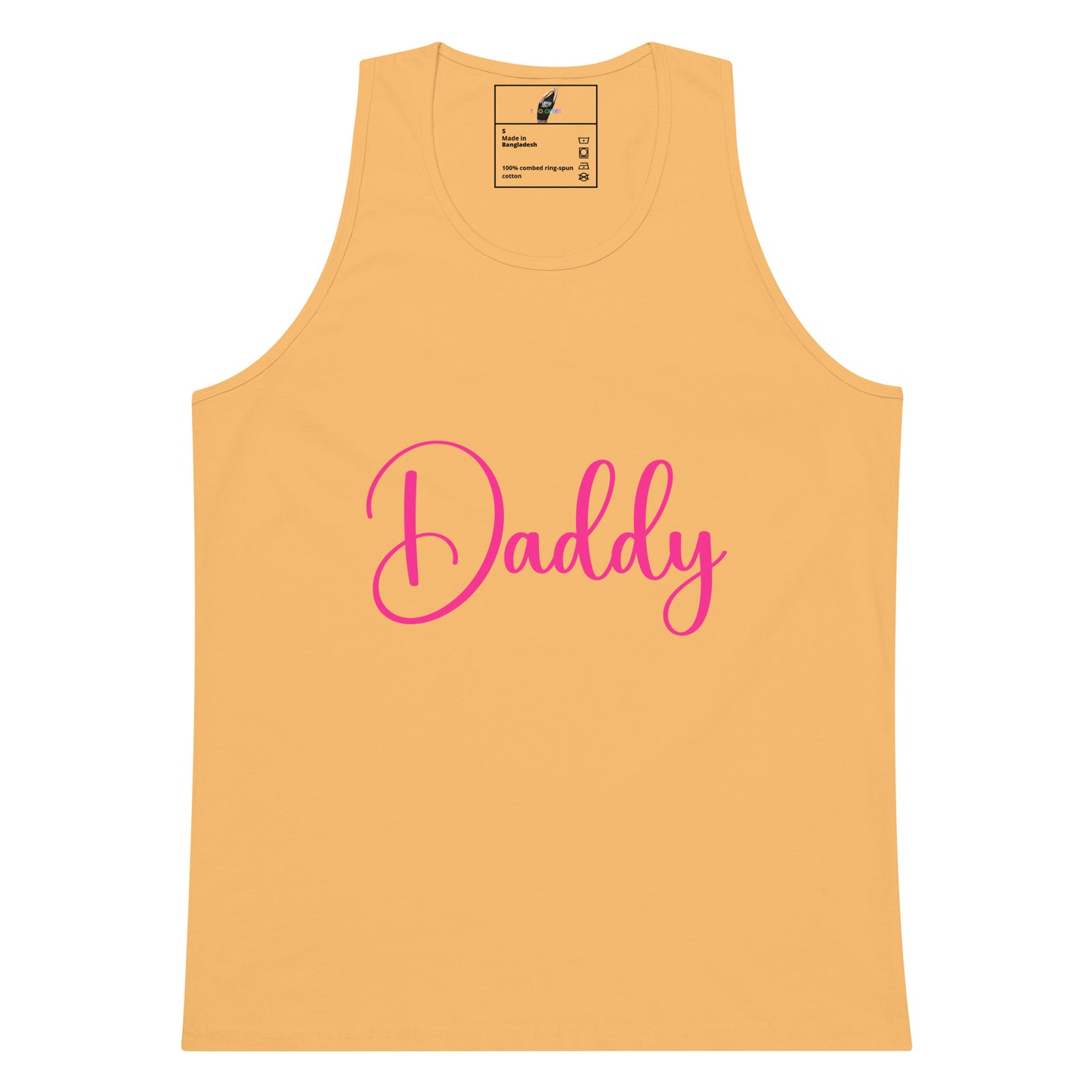 A light peach-colored tank top with the word 'Daddy' printed across the chest in bright pink cursive script, shown against a plain white background.