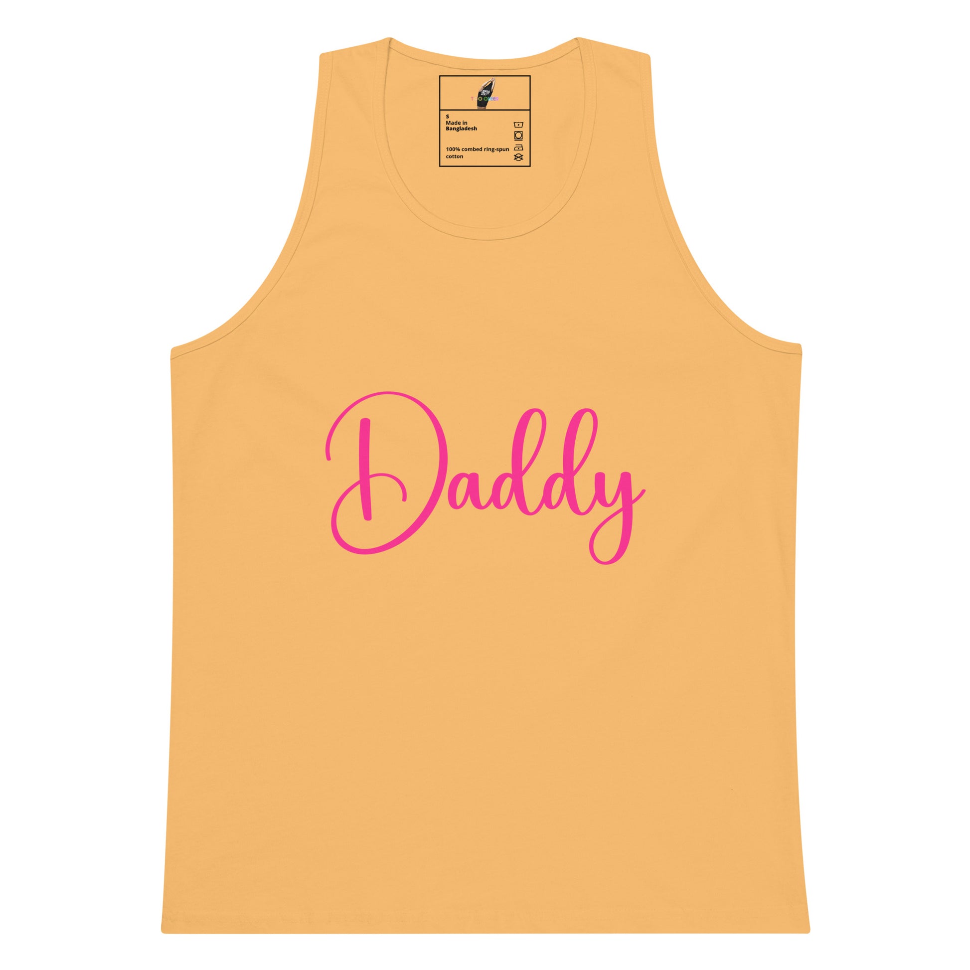 A light peach-colored tank top with the word 'Daddy' printed across the chest in bright pink cursive script, shown against a plain white background.