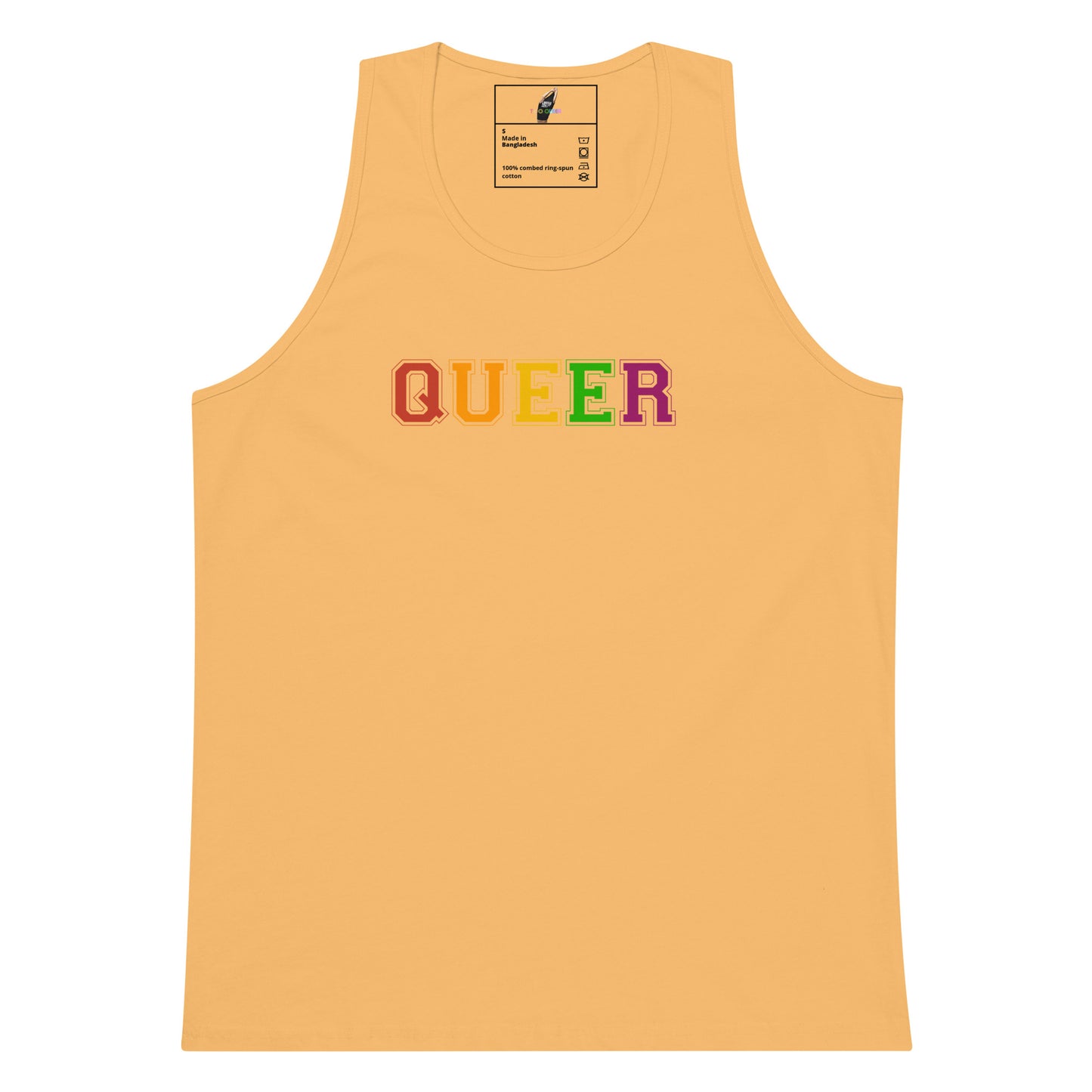A light peach-colored tank top featuring the word 'QUEER' printed across the chest in rainbow colors, displayed on a solid white background.