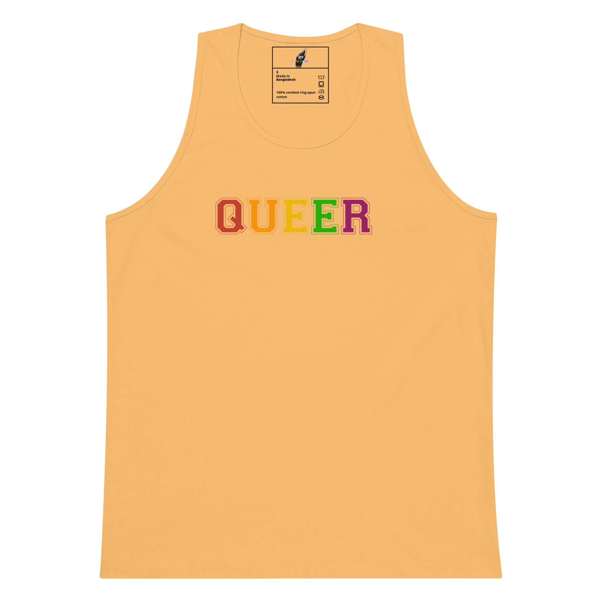 A light peach-colored tank top featuring the word 'QUEER' printed across the chest in rainbow colors, displayed on a solid white background.