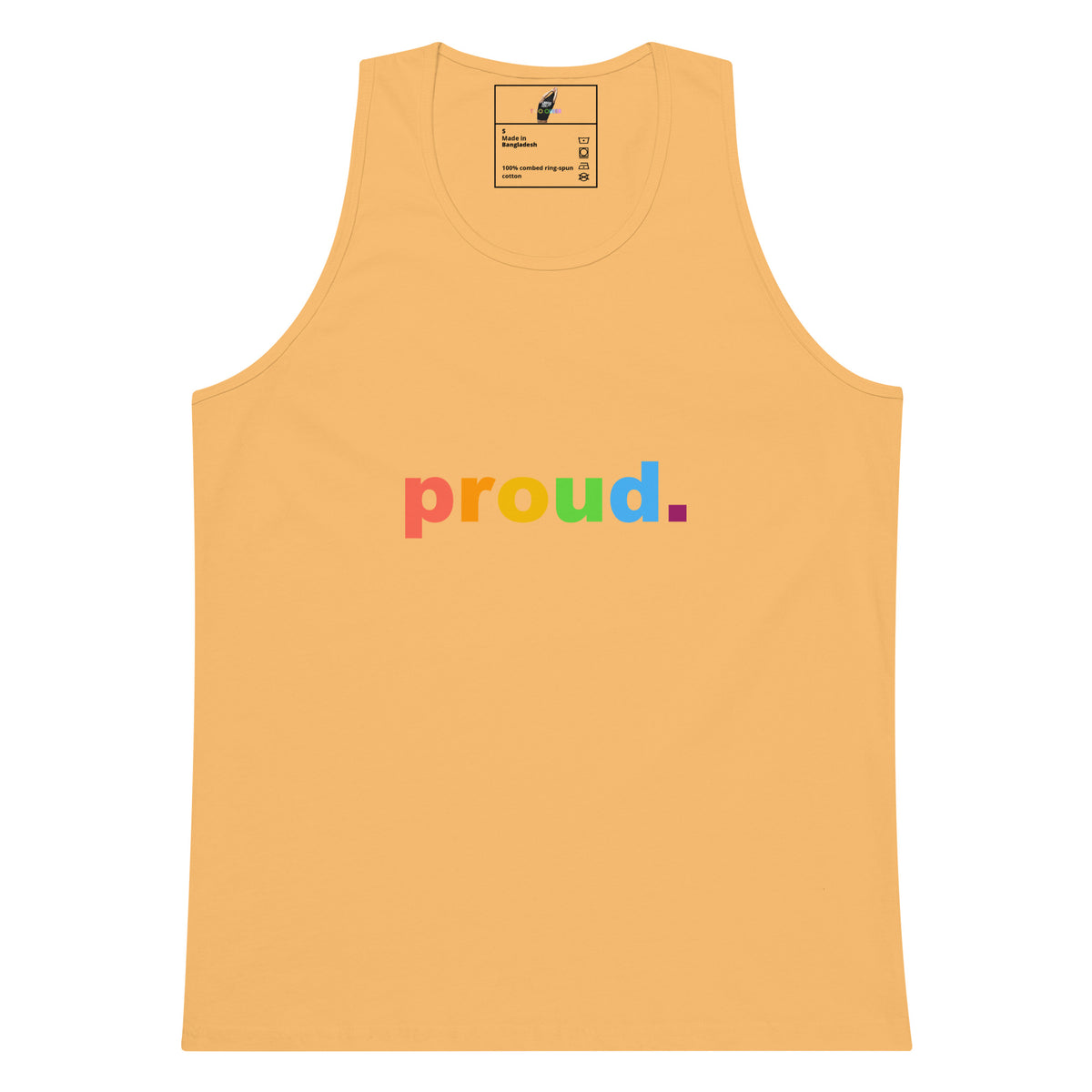 A light peach-colored tank top with the word 'proud.' printed across the chest in rainbow colors, shown flat against a white background.