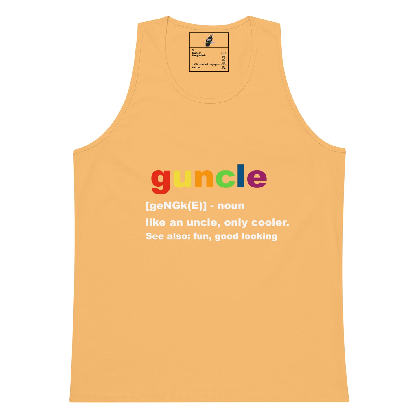 A light orange-yellow tank top with a colorful 'uncle' graphic and white text on the chest, displayed flat against a white background.