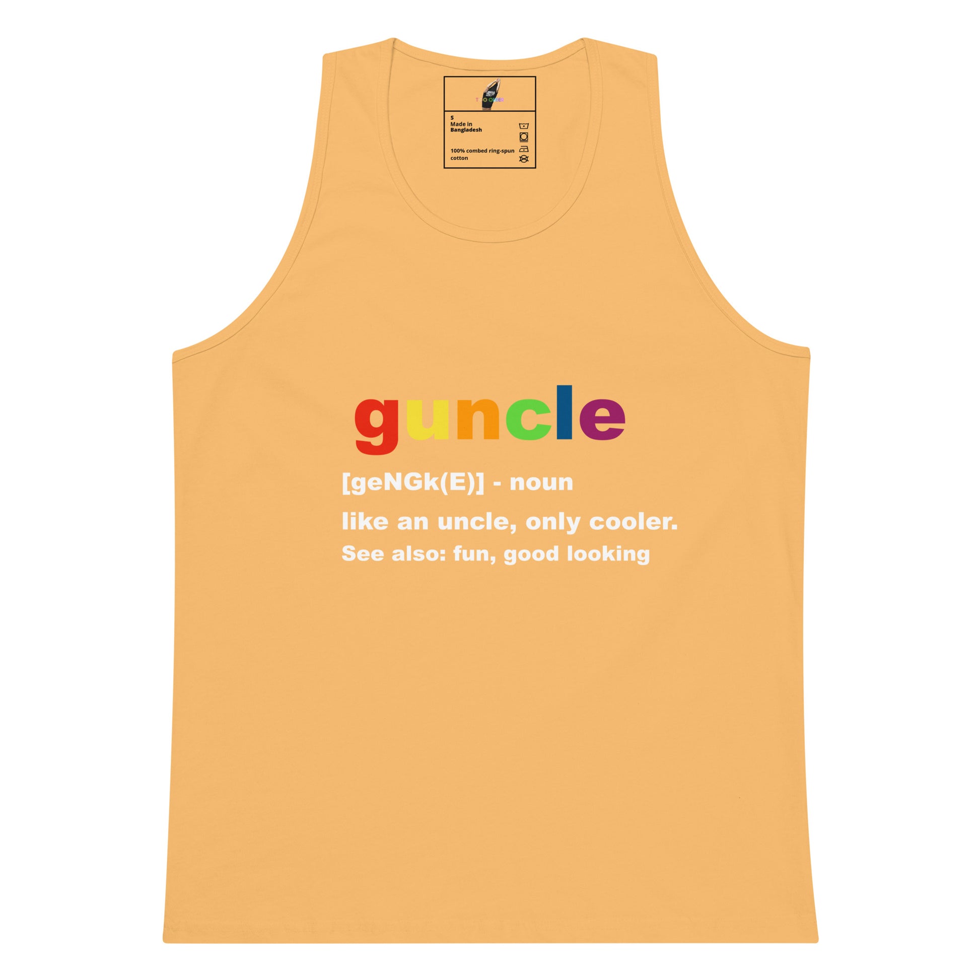 A light orange-yellow tank top with a colorful 'uncle' graphic and white text on the chest, displayed flat against a white background.