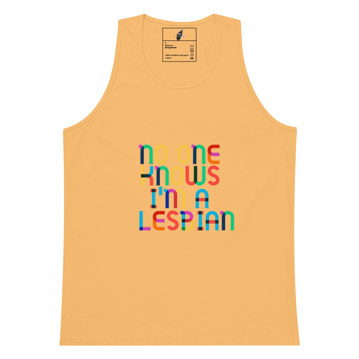 A light peach-colored tank top featuring a colorful graphic text print that reads 'no one KNOWS I'm A LESBIAN' in rainbow lettering, displayed on a solid white background.