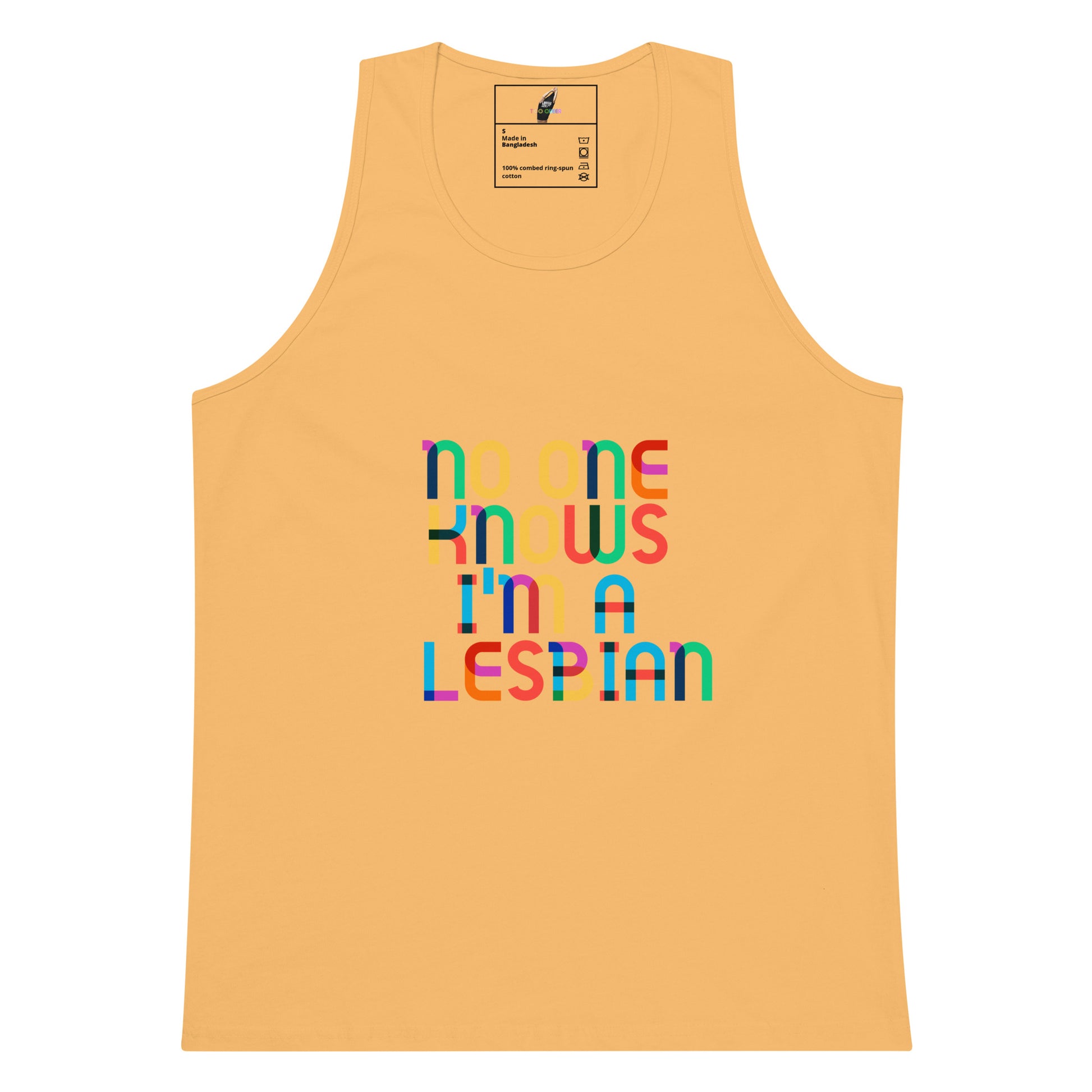A light peach-colored tank top featuring a colorful graphic text print that reads 'no one KNOWS I'm A LESBIAN' in rainbow lettering, displayed on a solid white background.
