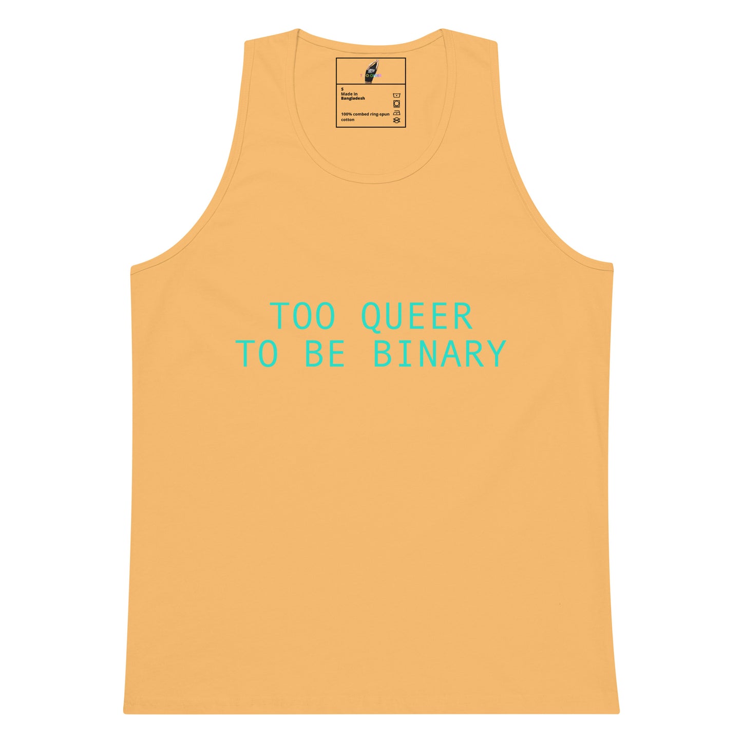 A light peach-colored tank top with the text 'TOO QUEER TO BE BINARY' printed in a bright turquoise font across the chest. The tank top is displayed flat against a solid white background, with a brand label visible inside the collar.