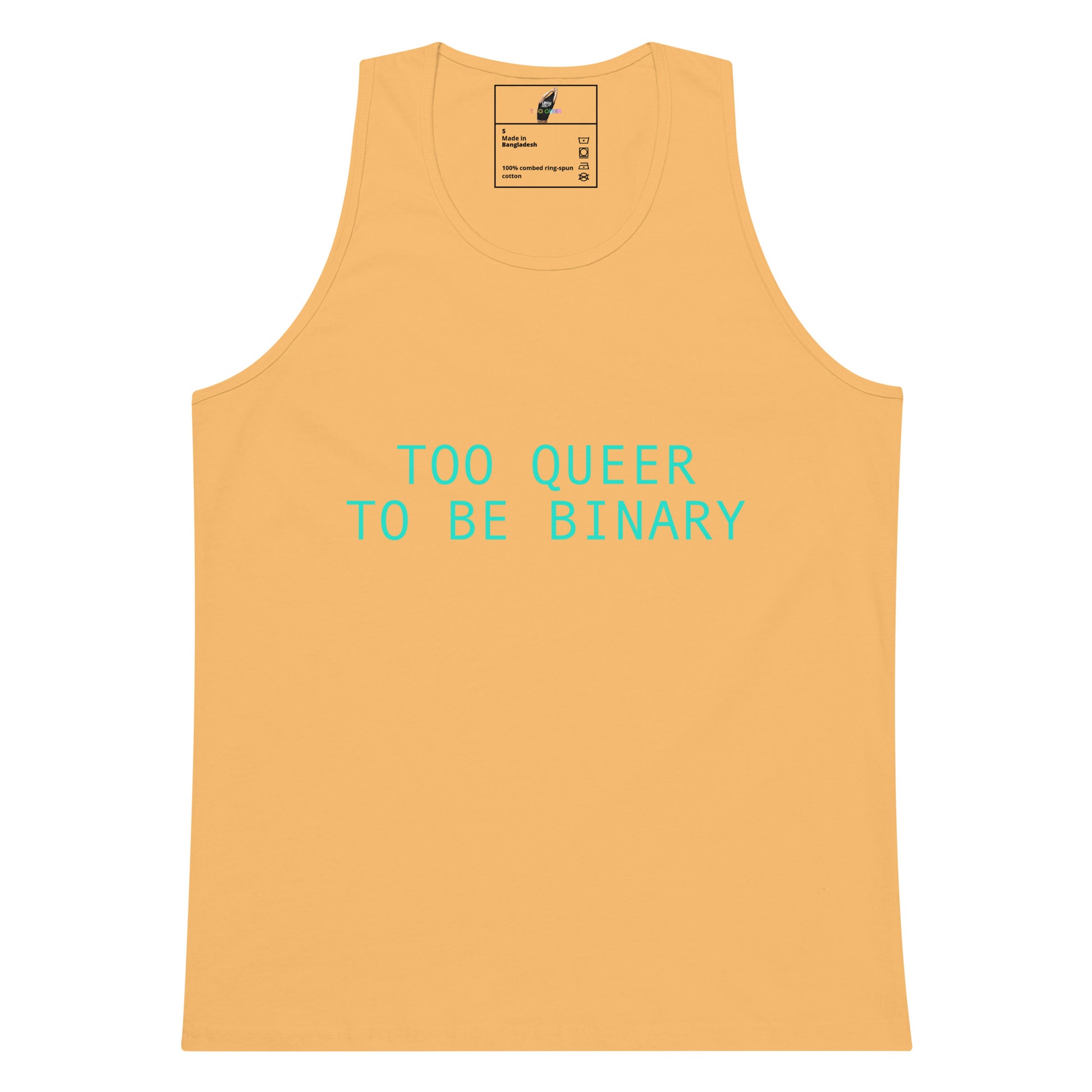 A light peach-colored tank top with the text 'TOO QUEER TO BE BINARY' printed in a bright turquoise font across the chest. The tank top is displayed flat against a solid white background, with a brand label visible inside the collar.