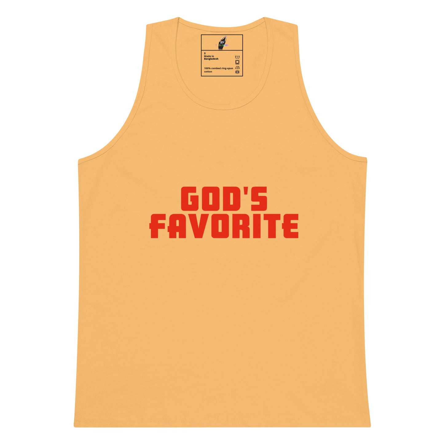 A light peach-colored sleeveless tank top with 'GOD'S FAVORITE' printed in bold red block letters across the chest, displayed flat against a solid white background.