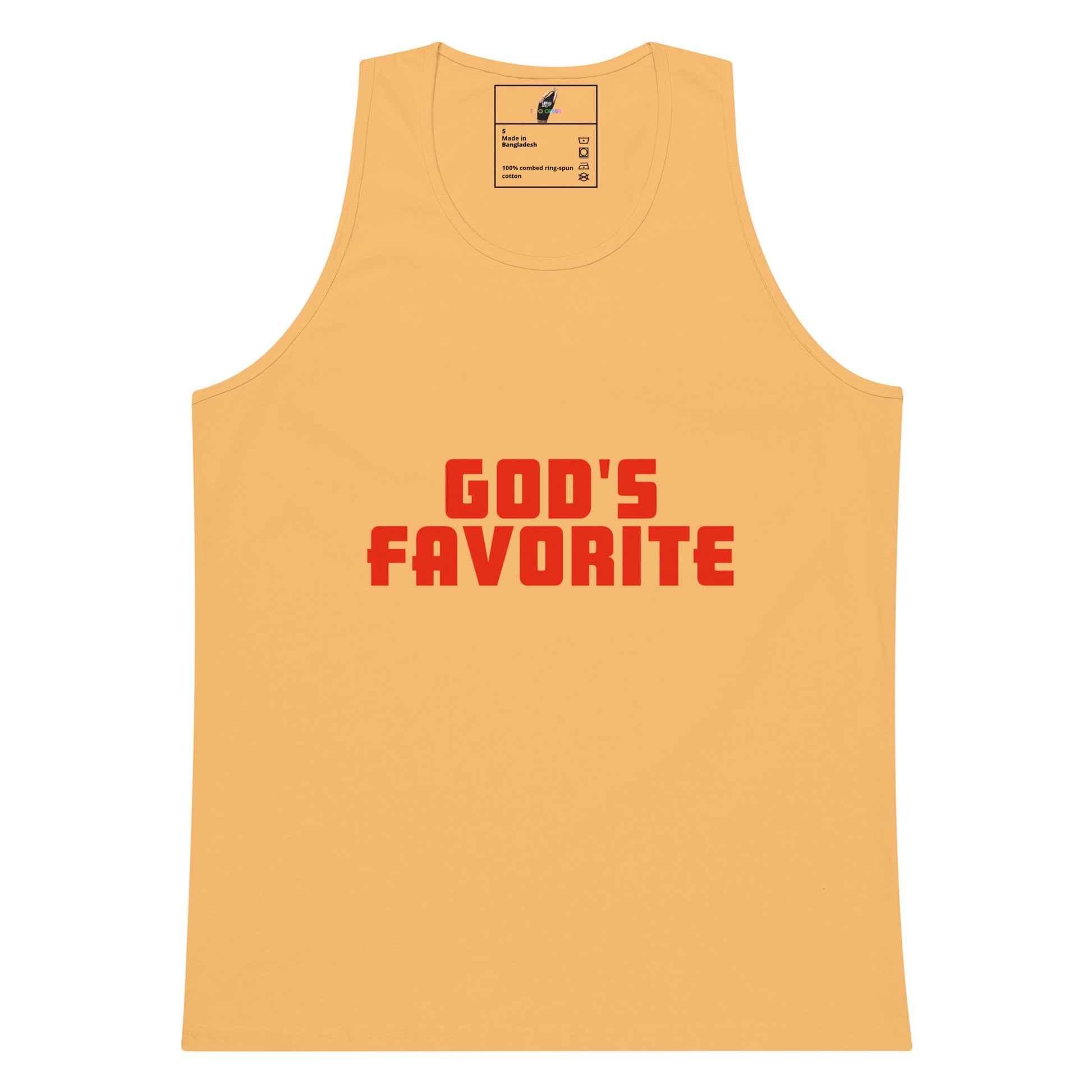 A light peach-colored sleeveless tank top with 'GOD'S FAVORITE' printed in bold red block letters across the chest, displayed flat against a solid white background.