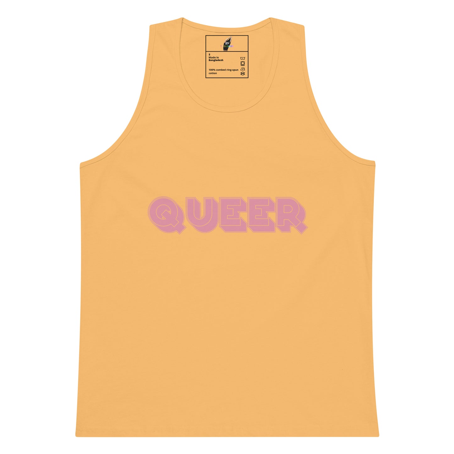 A yellow-orange tank top with the word 'QUEER' printed across the chest in a pink bubbly font, shown flat against a white background.