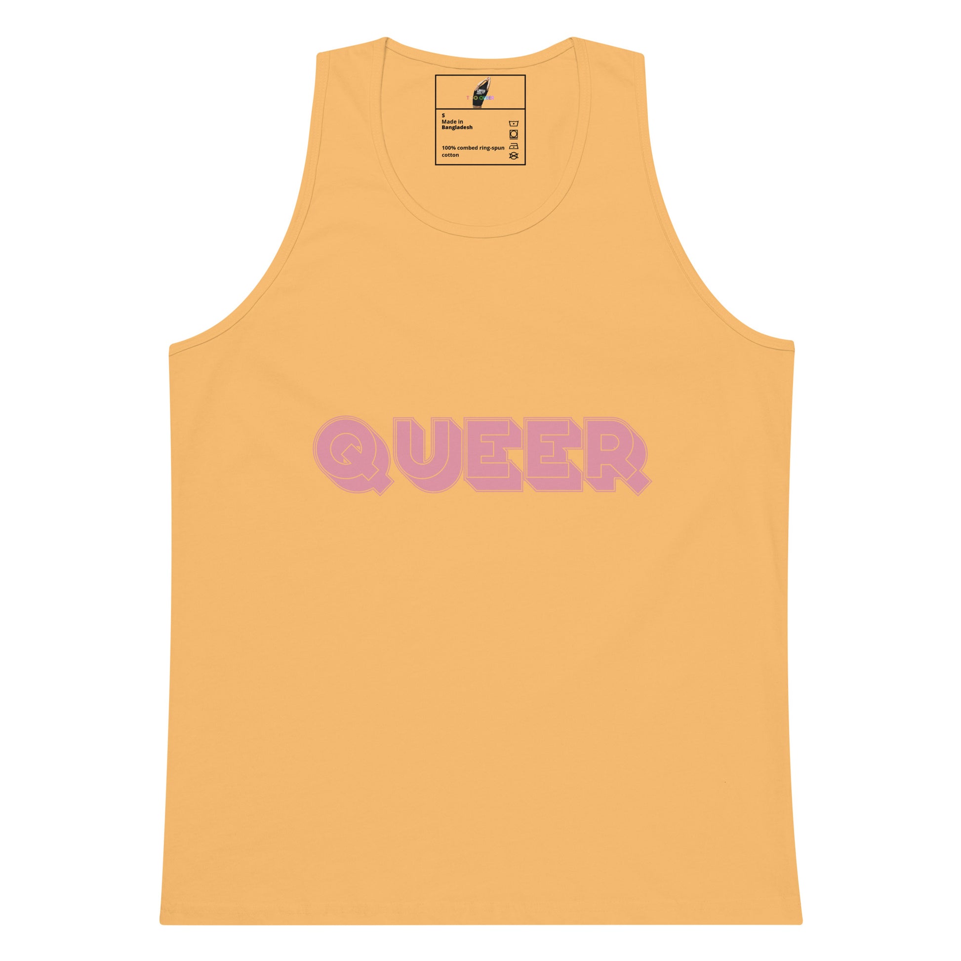 A yellow-orange tank top with the word 'QUEER' printed across the chest in a pink bubbly font, shown flat against a white background.