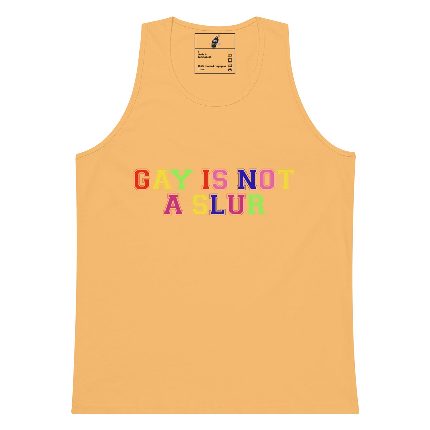 A light peach-colored tank top featuring the phrase 'GAY IS NOT A LUR' printed across the chest in a colorful, retro pixelated font.