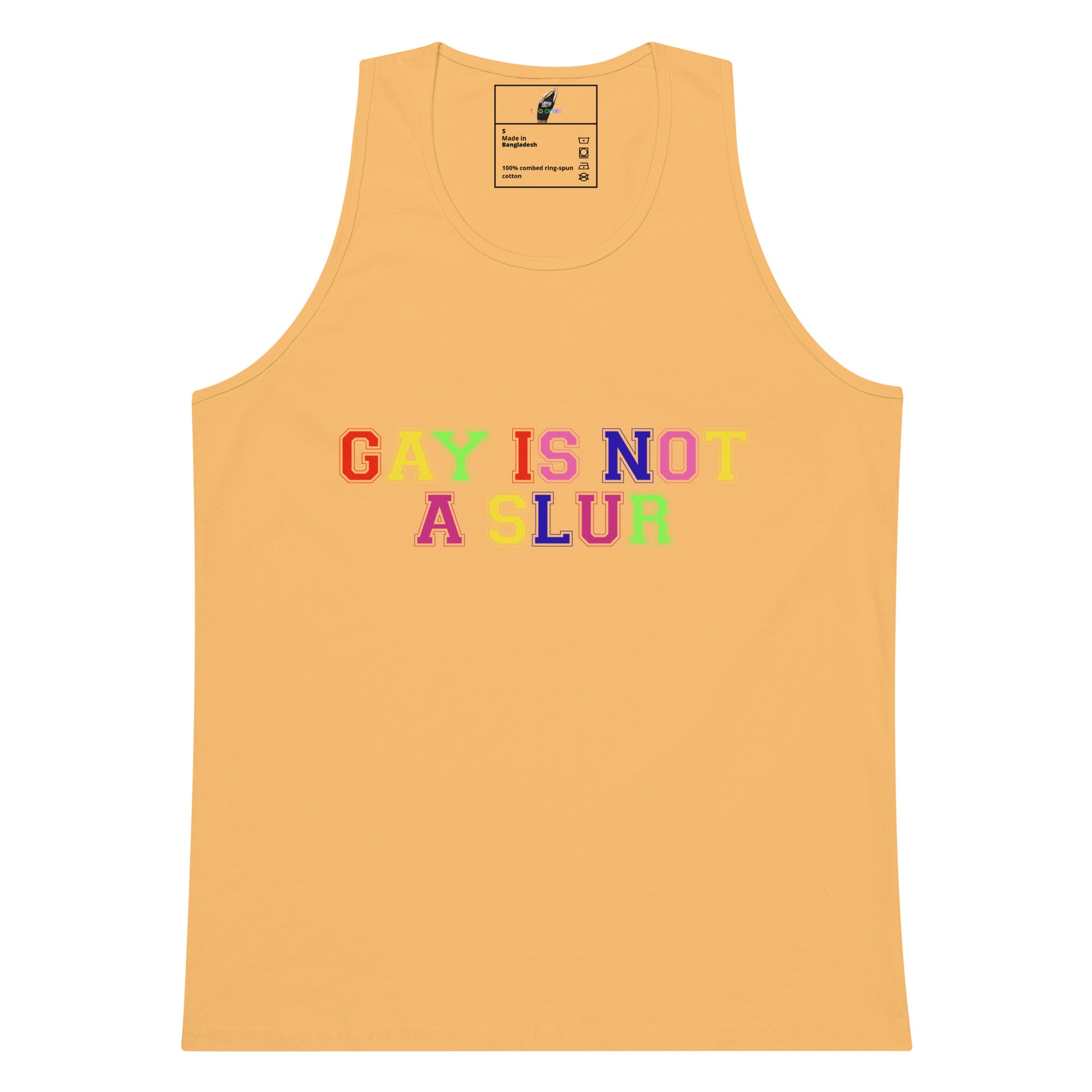 A light peach-colored tank top featuring the phrase 'GAY IS NOT A LUR' printed across the chest in a colorful, retro pixelated font.
