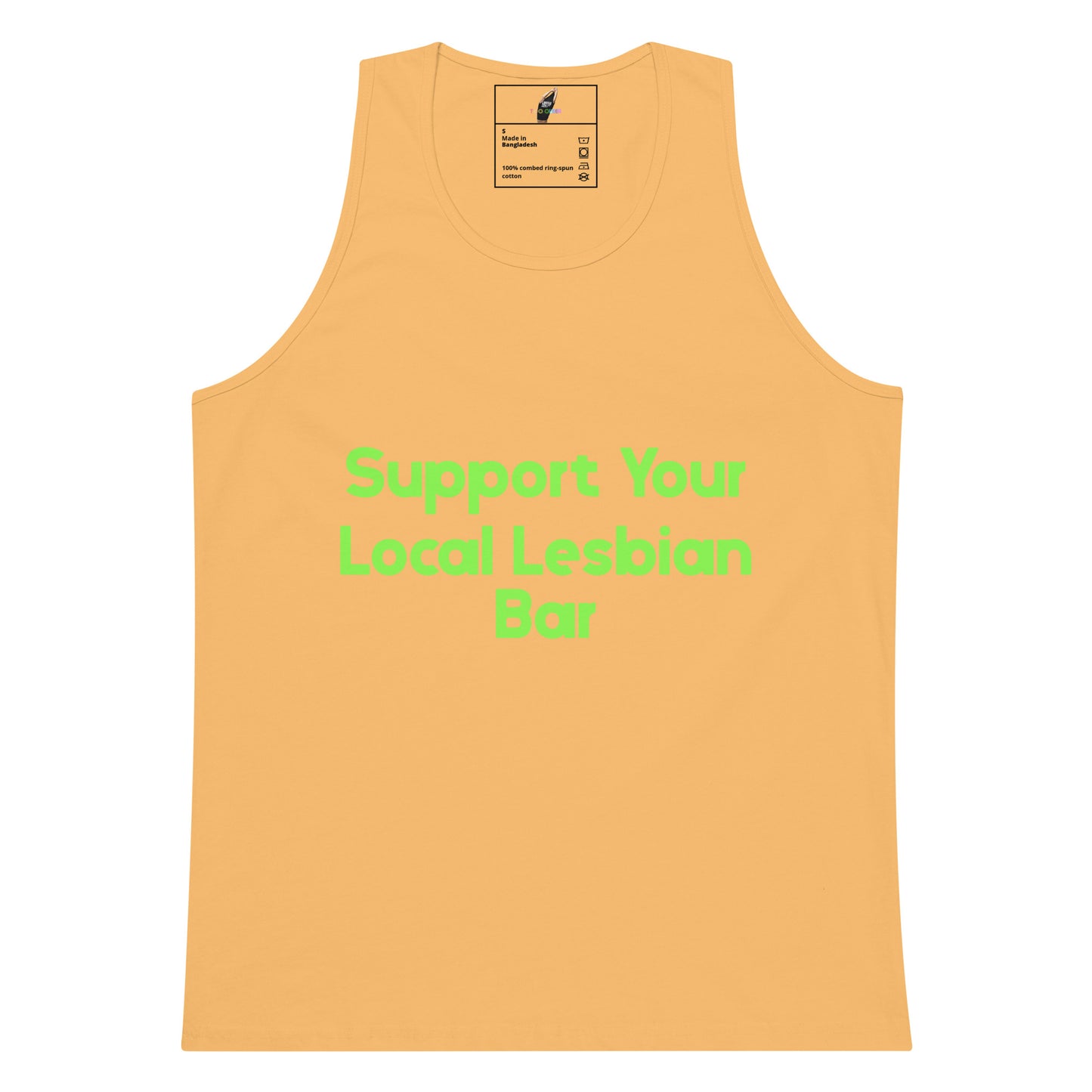 A light peach-colored tank top with the text 'Support Your Local Lesbian Bar' printed in bright green across the chest, displayed on a solid white background.