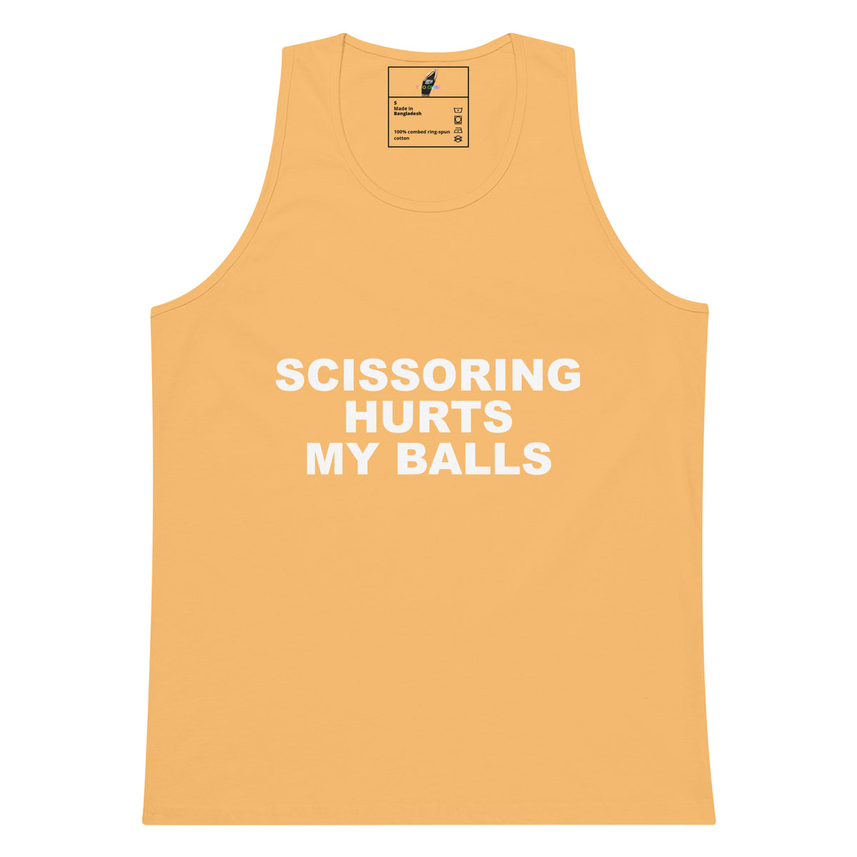 A light peach-colored tank top with the phrase 'SCISSORING HURTS MY BALLS' printed in bold white capital letters across the chest, displayed on a solid white background.