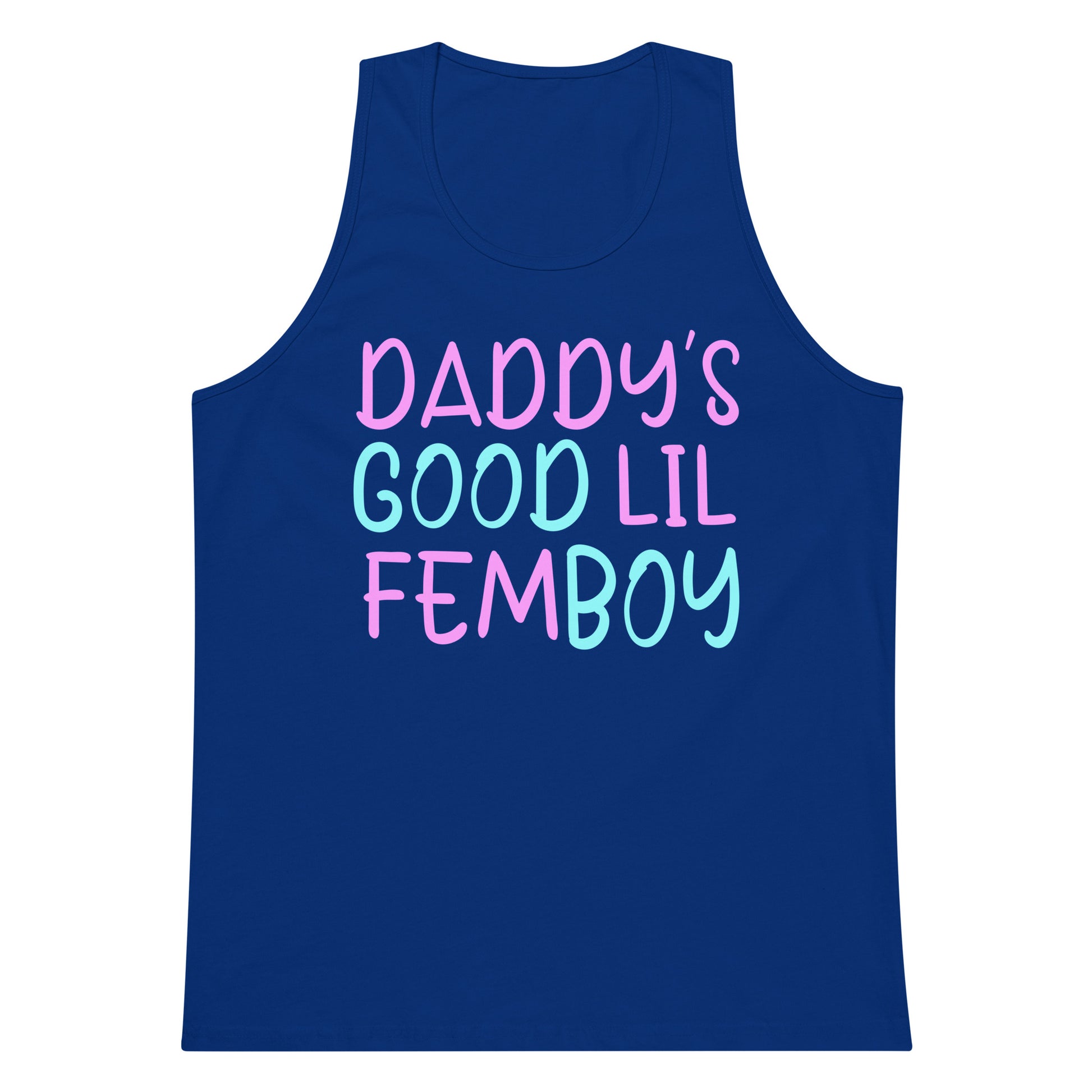 A navy blue sleeveless tank top with the text 'DADDY'S GOOD LIL FEMBOY' printed on the front in pink and light blue lettering, shown against a plain white background.