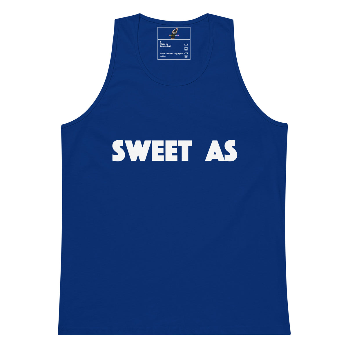 A royal blue sleeveless tank top with the words 'SWEET AS' printed in bold white capital letters across the chest, displayed flat against a plain white background.