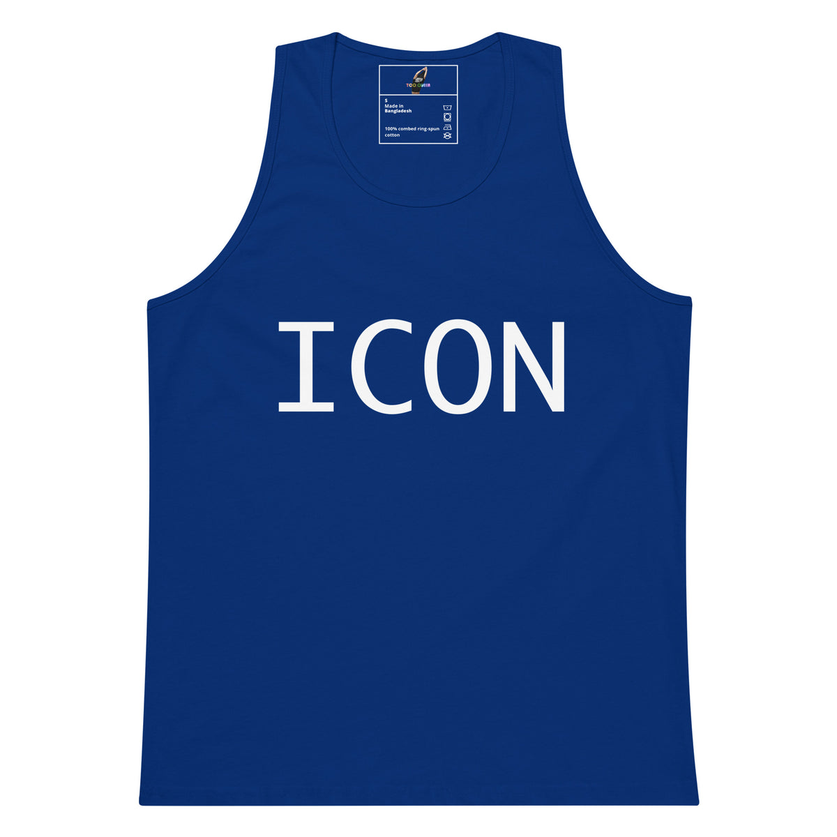 Black tank top with 'ICON' printed on it against a white background