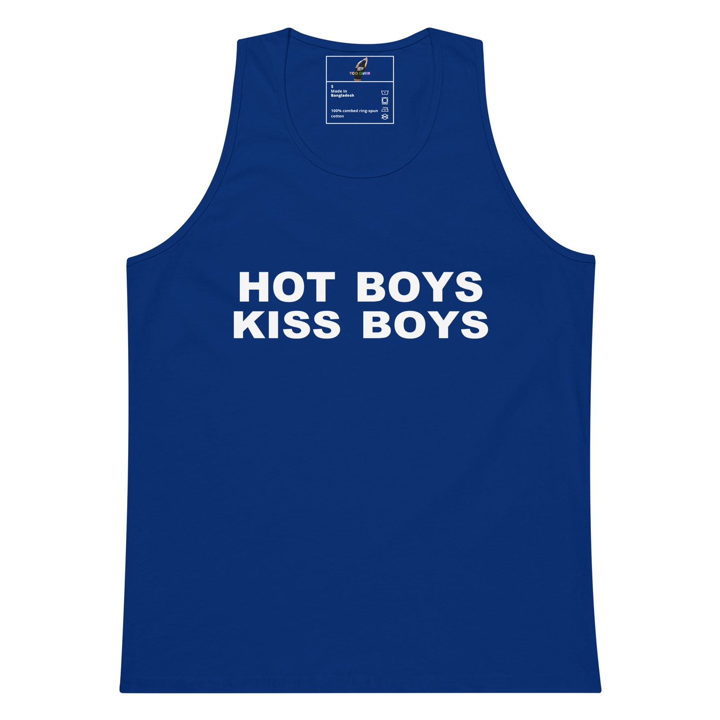 A royal blue tank top with the phrase 'HOT BOYS KISS BOYS' printed in bold white capital letters across the chest, displayed flat against a plain white background.
