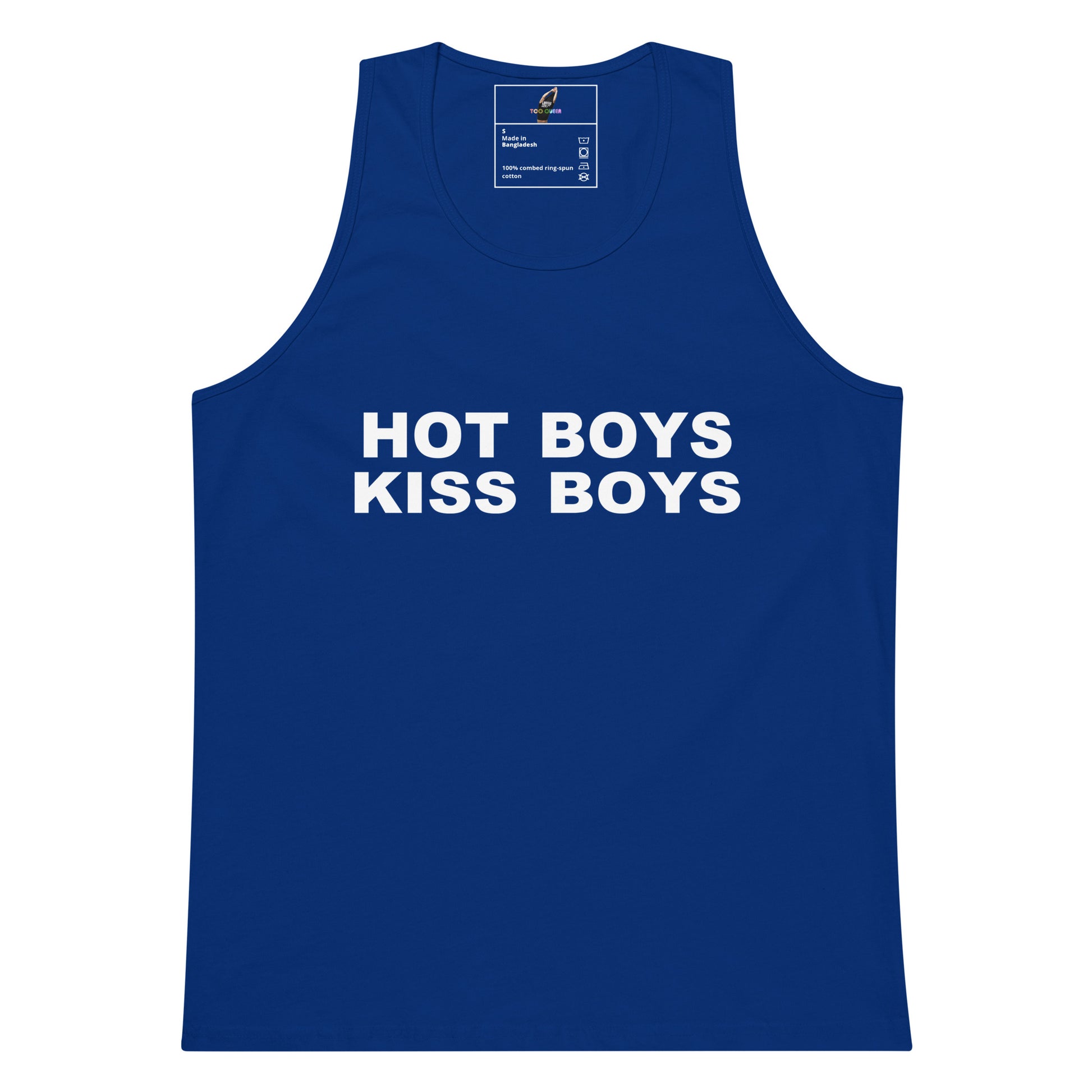 A royal blue tank top with the phrase 'HOT BOYS KISS BOYS' printed in bold white capital letters across the chest, displayed flat against a plain white background.