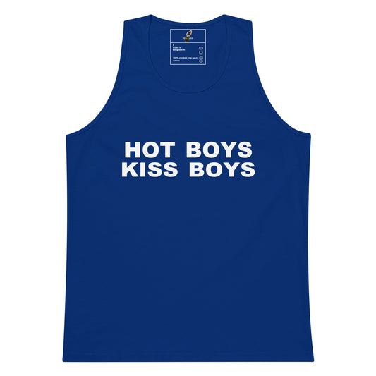 A royal blue tank top with the phrase 'HOT BOYS KISS BOYS' printed in bold white capital letters across the chest, displayed flat against a plain white background.