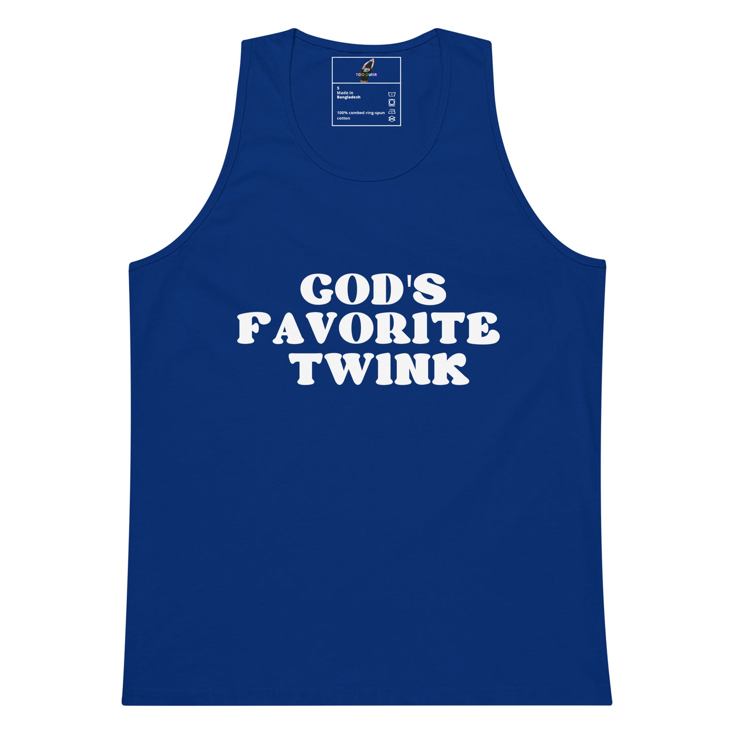 A royal blue sleeveless tank top with the phrase 'GOD'S FAVORITE TWINK' printed in bold white capital letters across the chest, shown on a plain white background.
