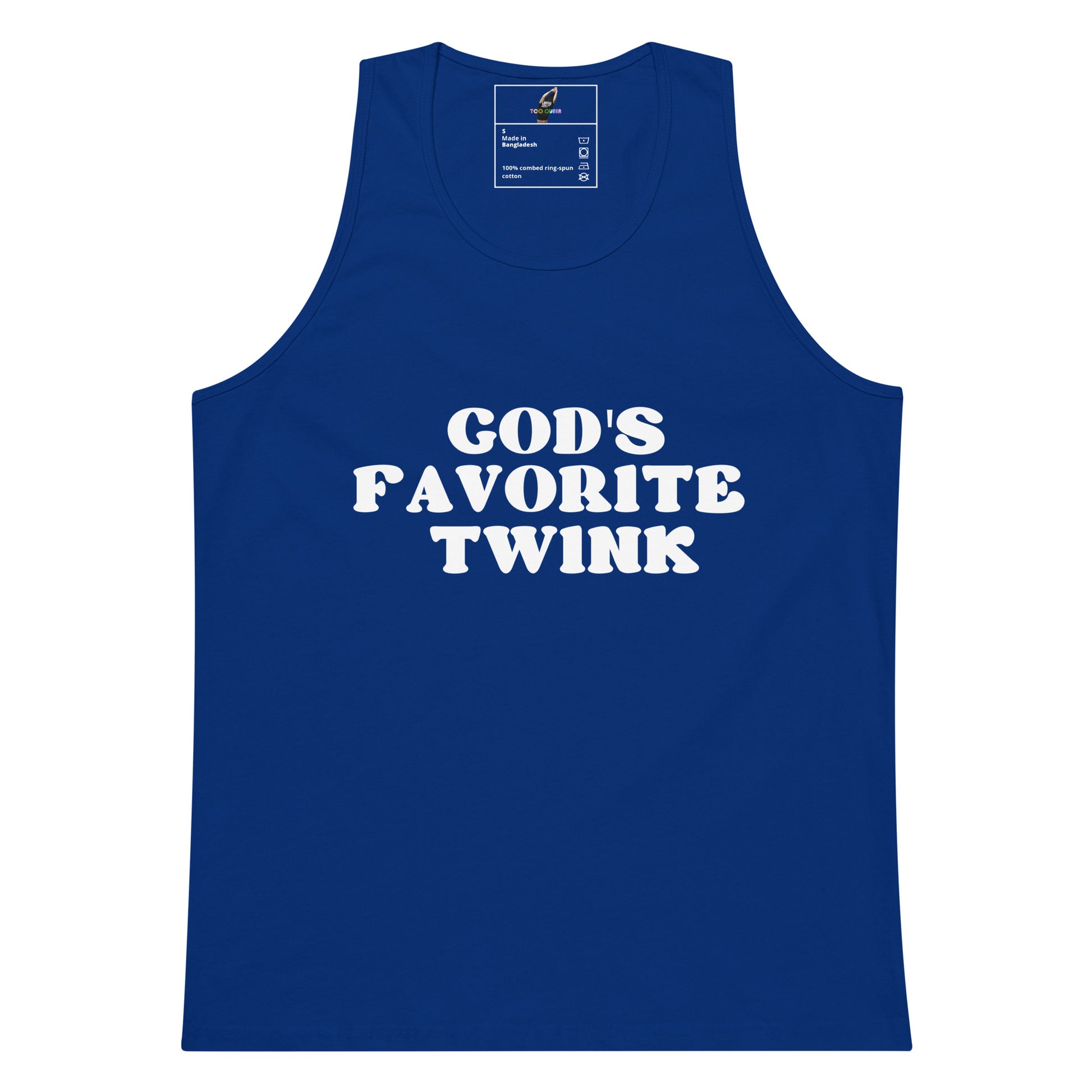 A royal blue sleeveless tank top with the phrase 'GOD'S FAVORITE TWINK' printed in bold white capital letters across the chest, shown on a plain white background.