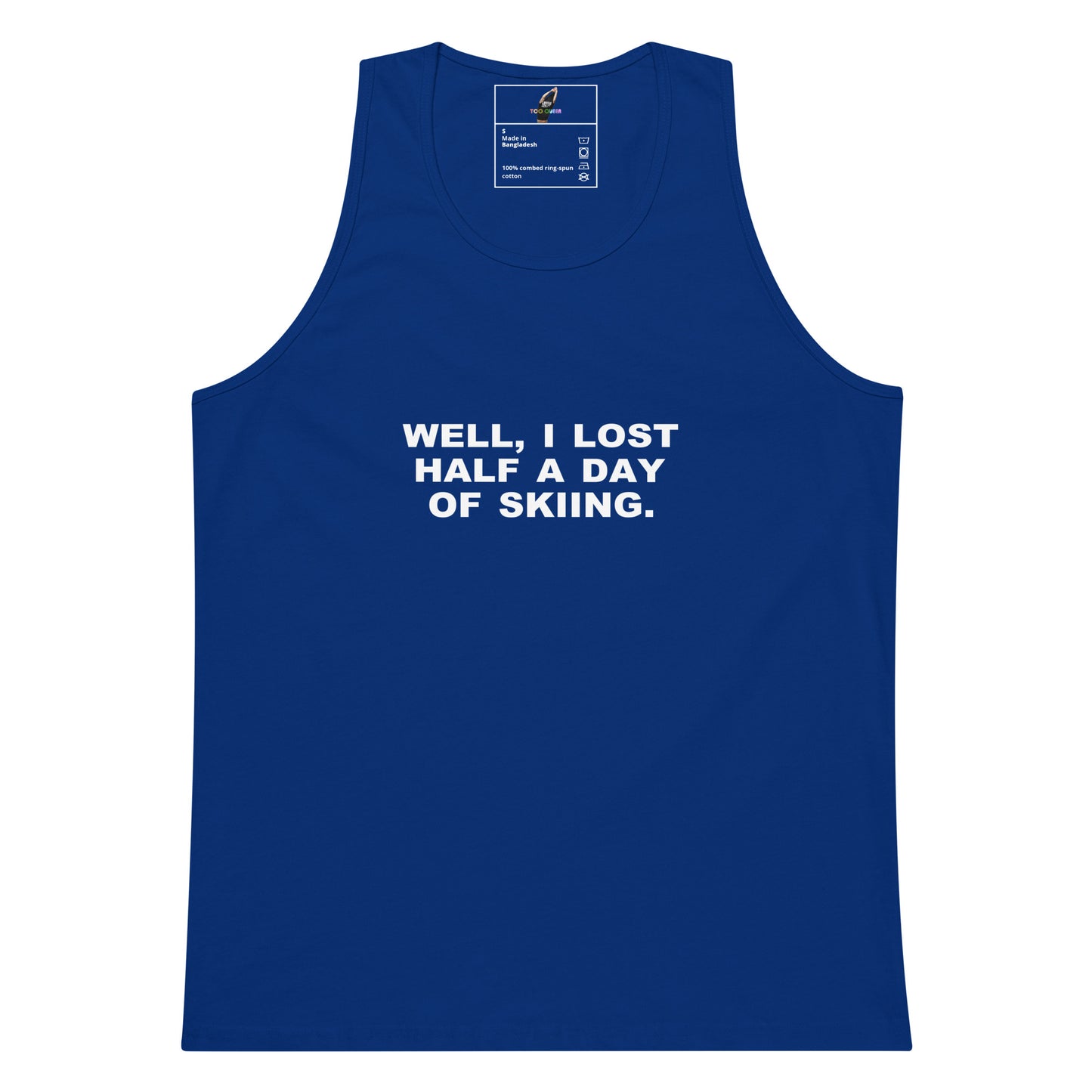 Navy tank top with 'BE' design on a white background
