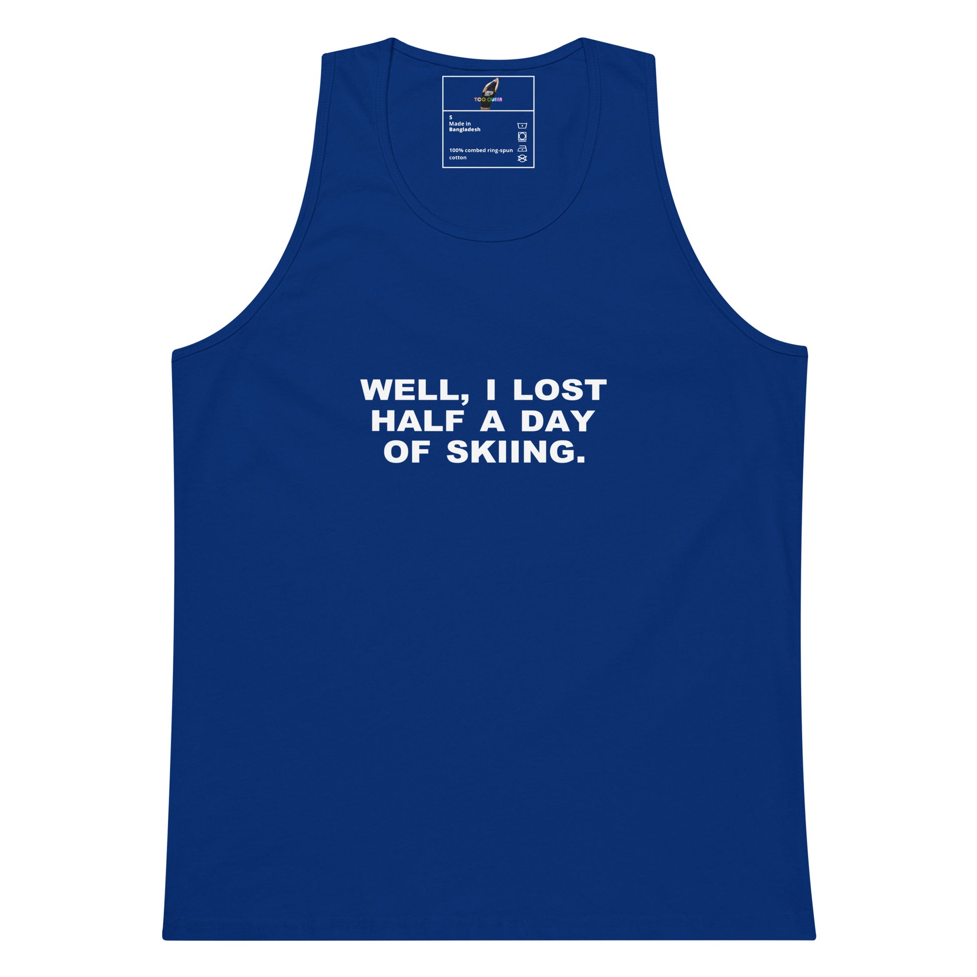 Navy tank top with 'BE' design on a white background