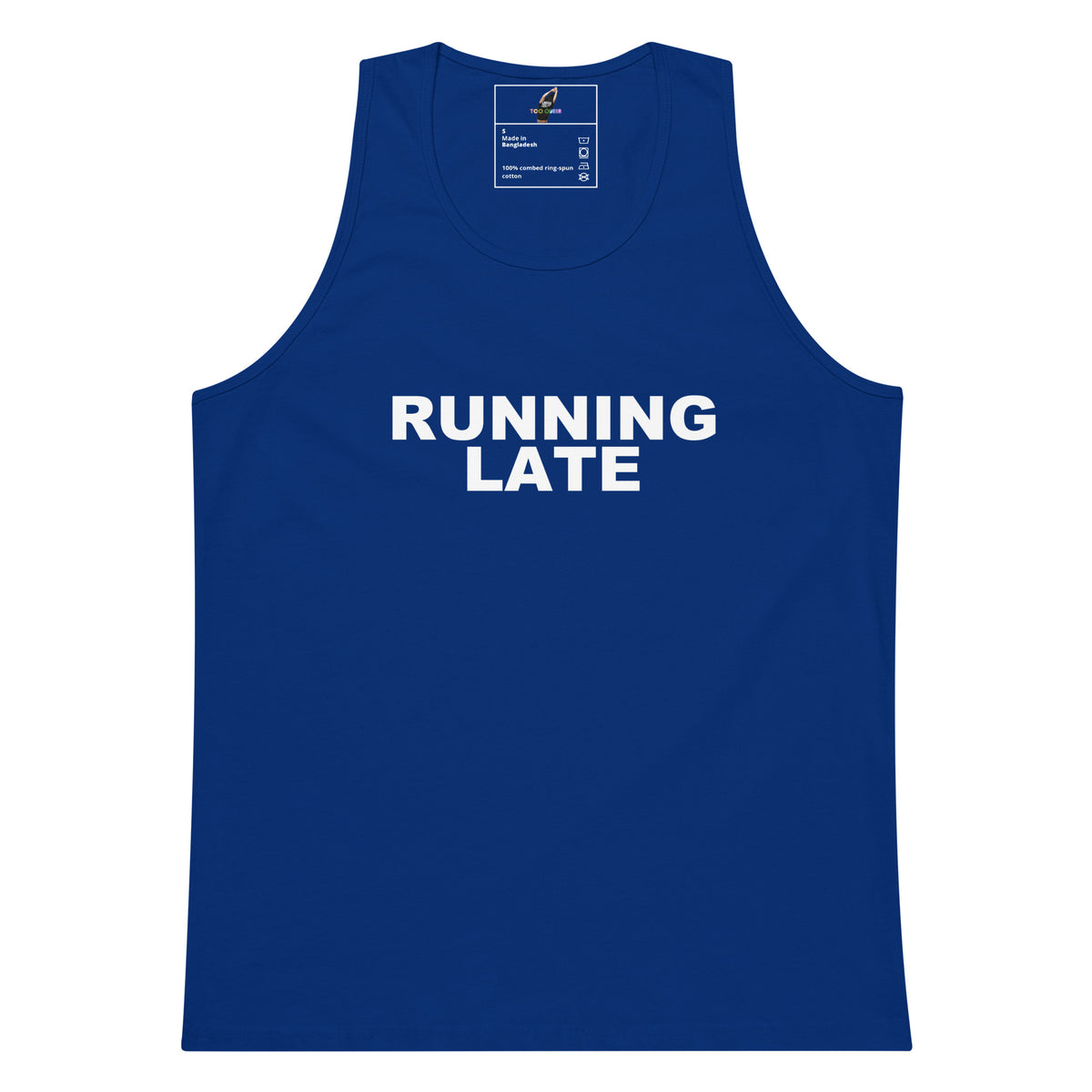 A royal blue sleeveless tank top with the words 'RUNNING LATE' printed in bold white capital letters across the chest, shown on a plain white background.
