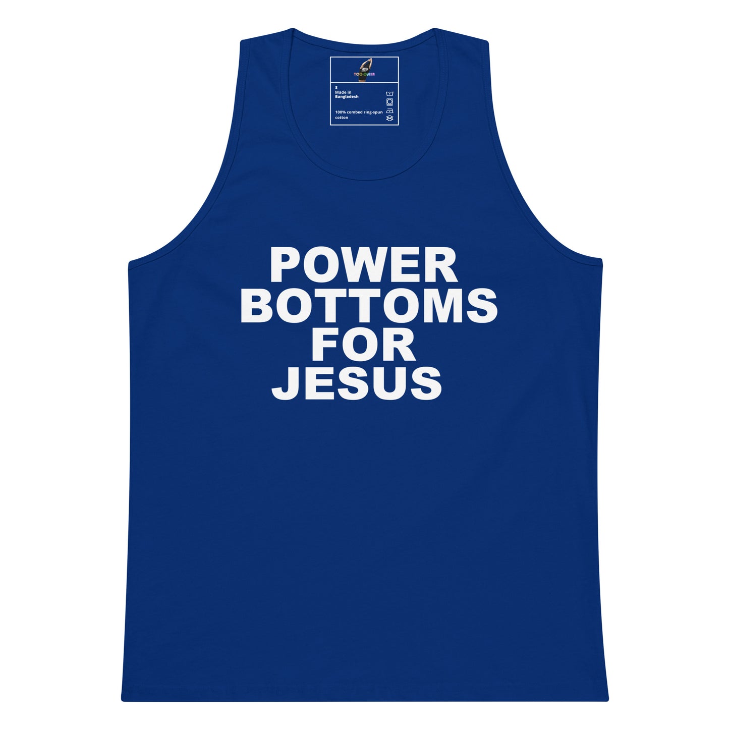 A royal blue sleeveless tank top with the phrase 'POWER BOTTOMS FOR JESUS' printed in bold white capital letters across the chest, shown on a plain white background.