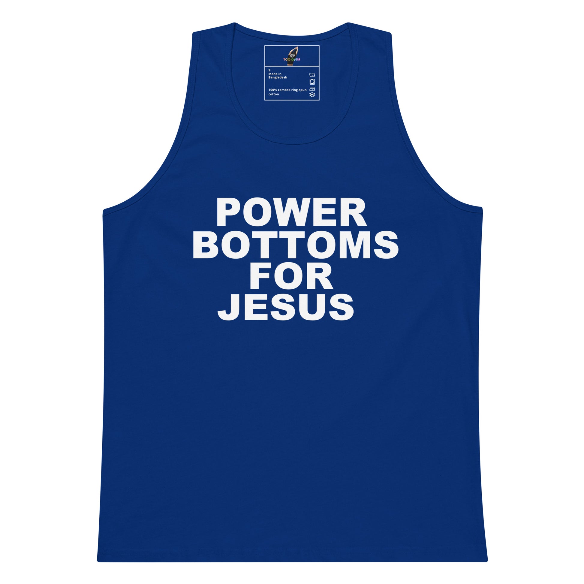 A royal blue sleeveless tank top with the phrase 'POWER BOTTOMS FOR JESUS' printed in bold white capital letters across the chest, shown on a plain white background.