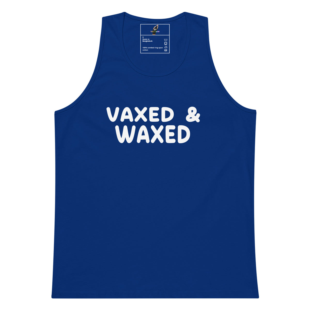 A royal blue sleeveless tank top with the words 'VAXED & WAXED' printed in bold white capital letters across the chest, shown on a plain white background.