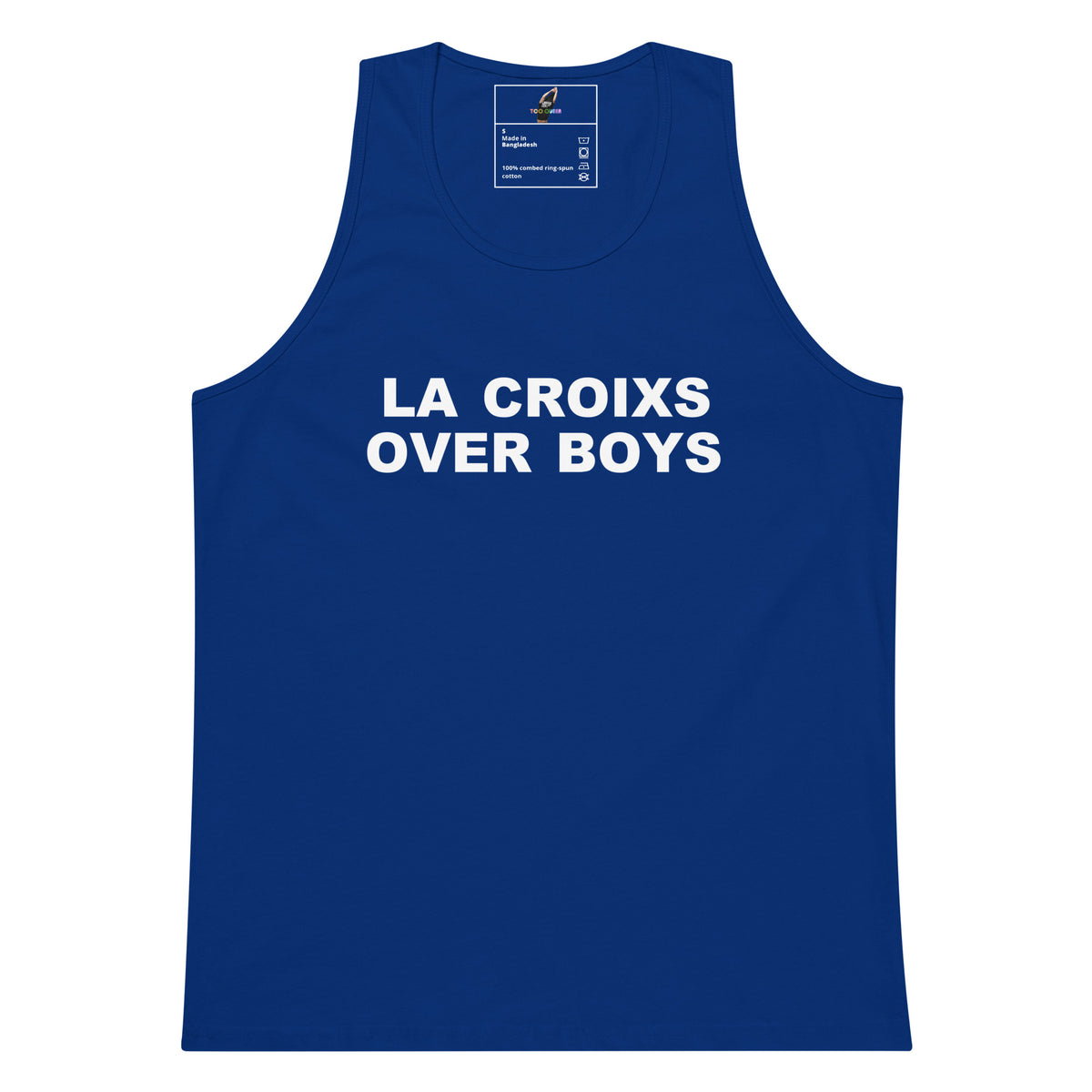 A royal blue sleeveless tank top with the phrase 'LA CROIXS OVER BOYS' printed in bold white capital letters across the chest, displayed on a solid white background.