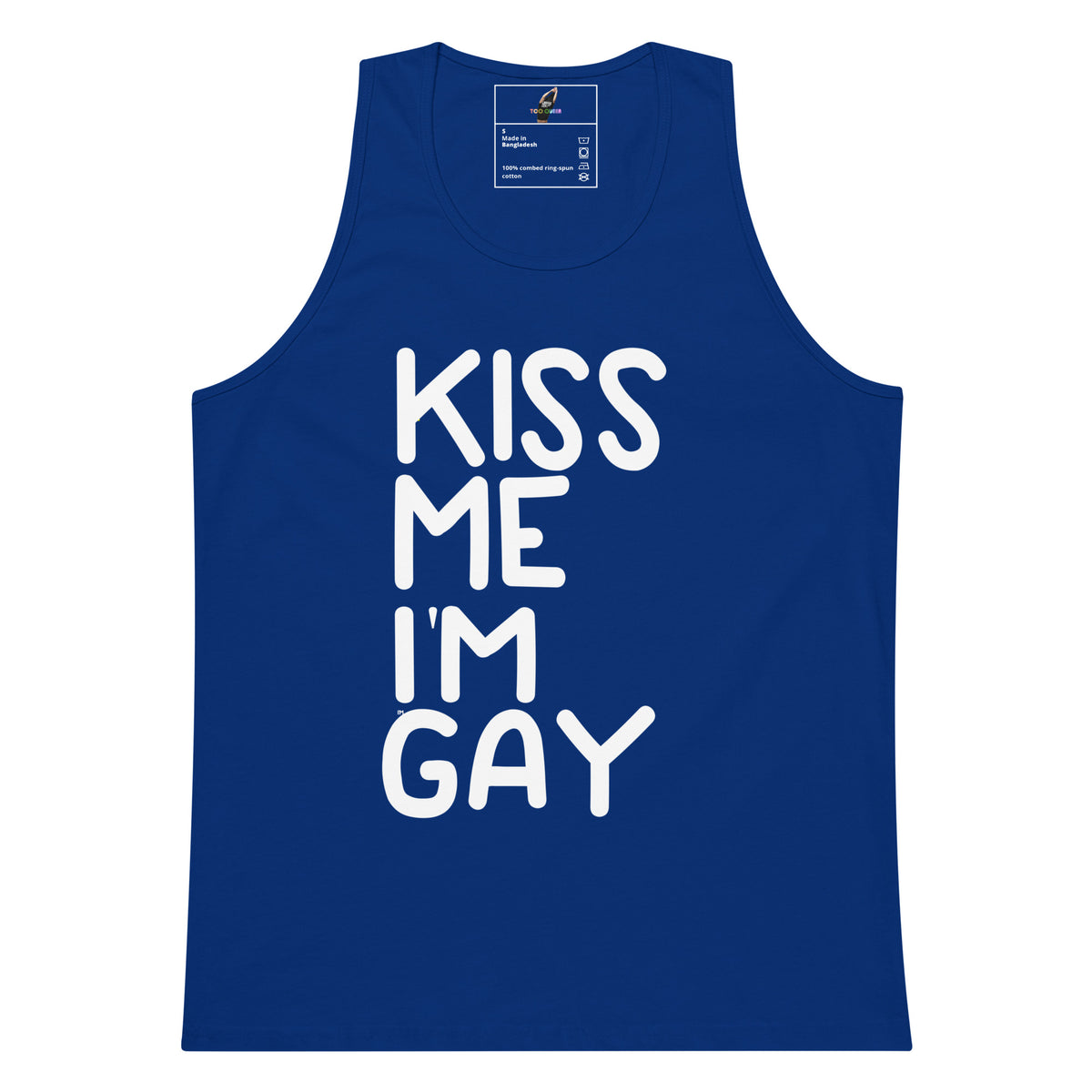 A royal blue sleeveless tank top with the phrase 'KISS ME I'M GAY' printed vertically in large white letters on the front, shown against a plain white background.