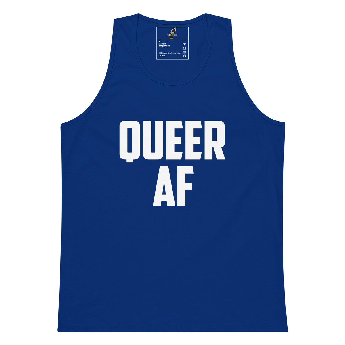 A royal blue sleeveless tank top with the words 'QUEER AF' printed in bold white capital letters across the front, shown on a plain white background.