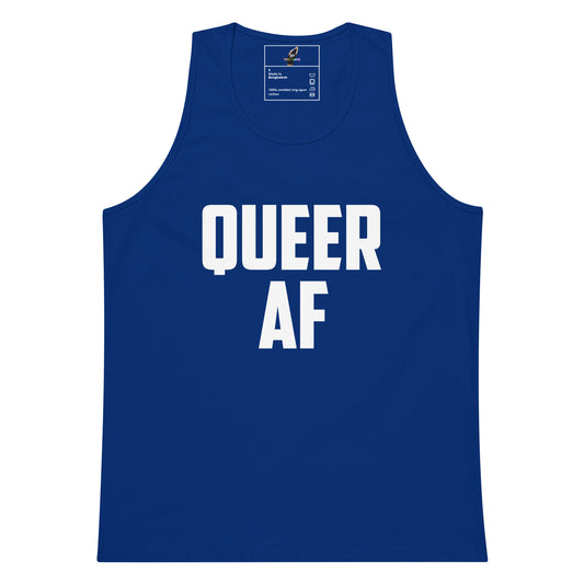 A royal blue sleeveless tank top with the words 'QUEER AF' printed in bold white capital letters across the front, shown on a plain white background.