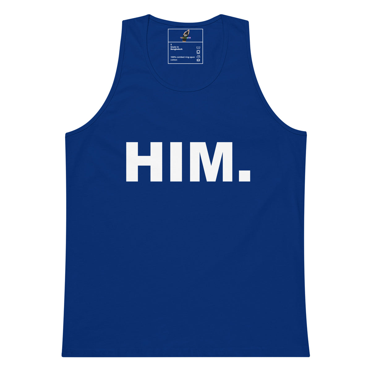 A royal blue tank top with the word 'HIM.' printed in bold white capital letters across the chest, shown flat against a plain white background.